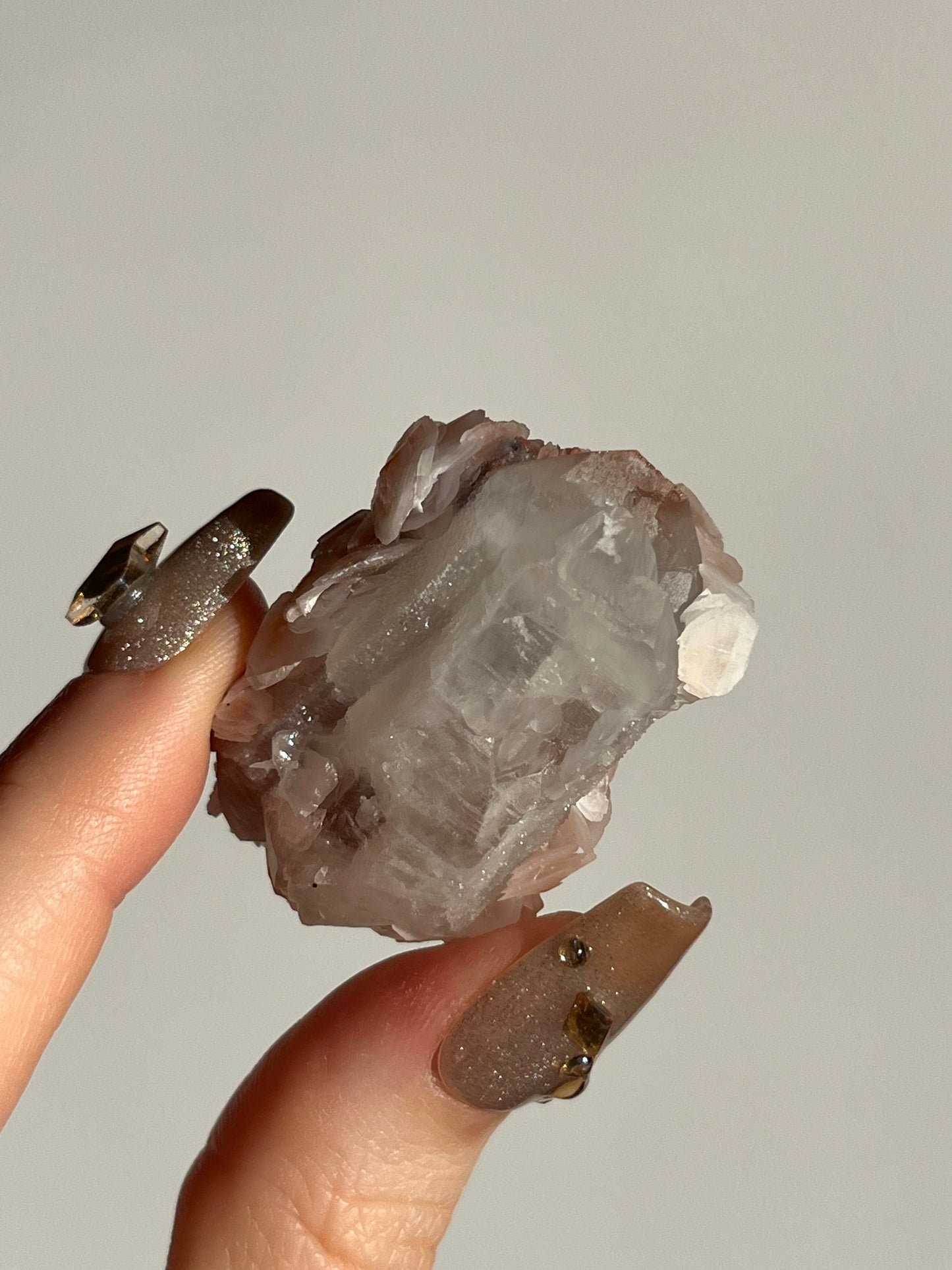 Peach Sakura Blossom Calcite on Elestial DT Quartz Specimen J