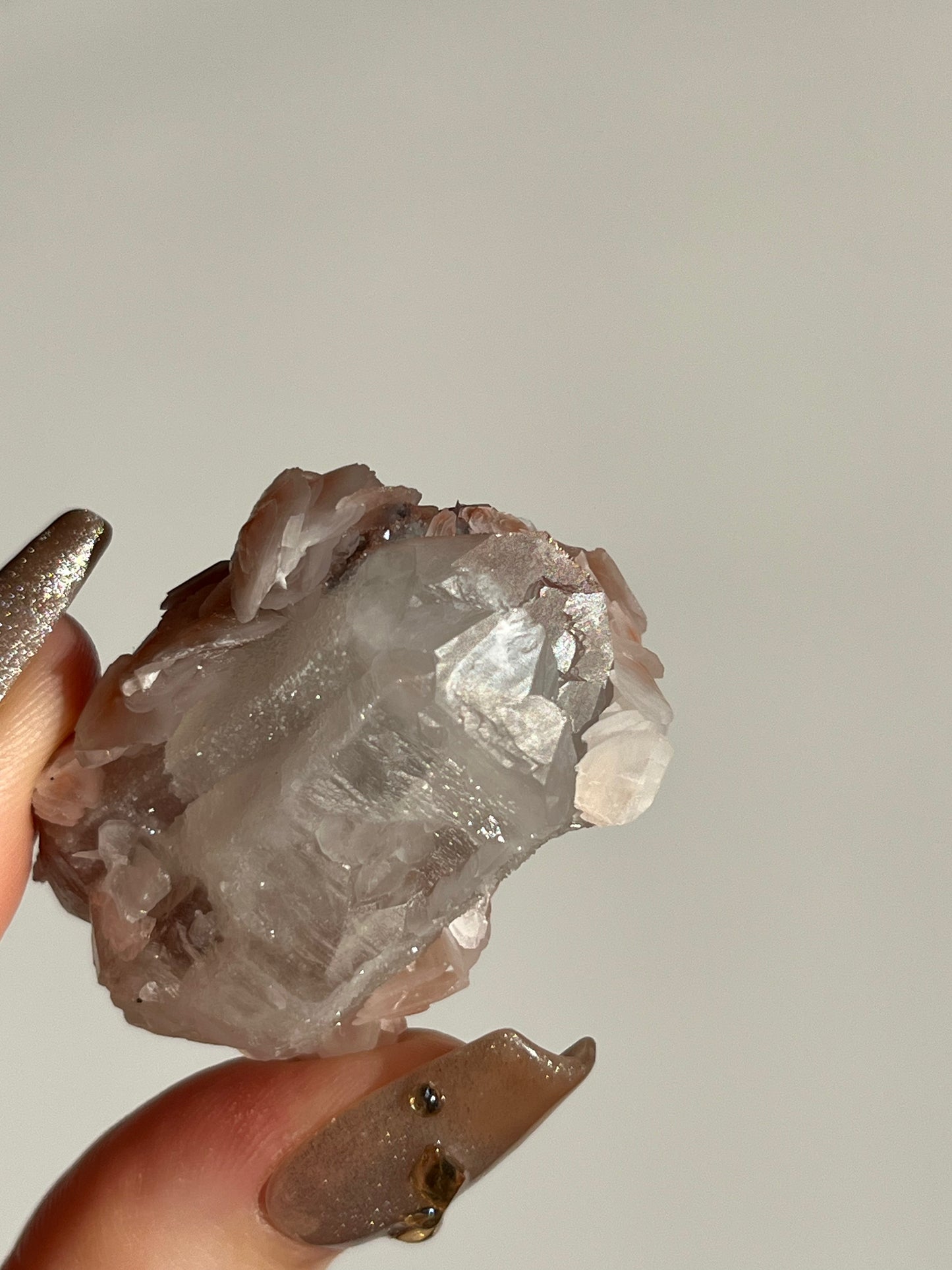 Peach Sakura Blossom Calcite on Elestial DT Quartz Specimen J