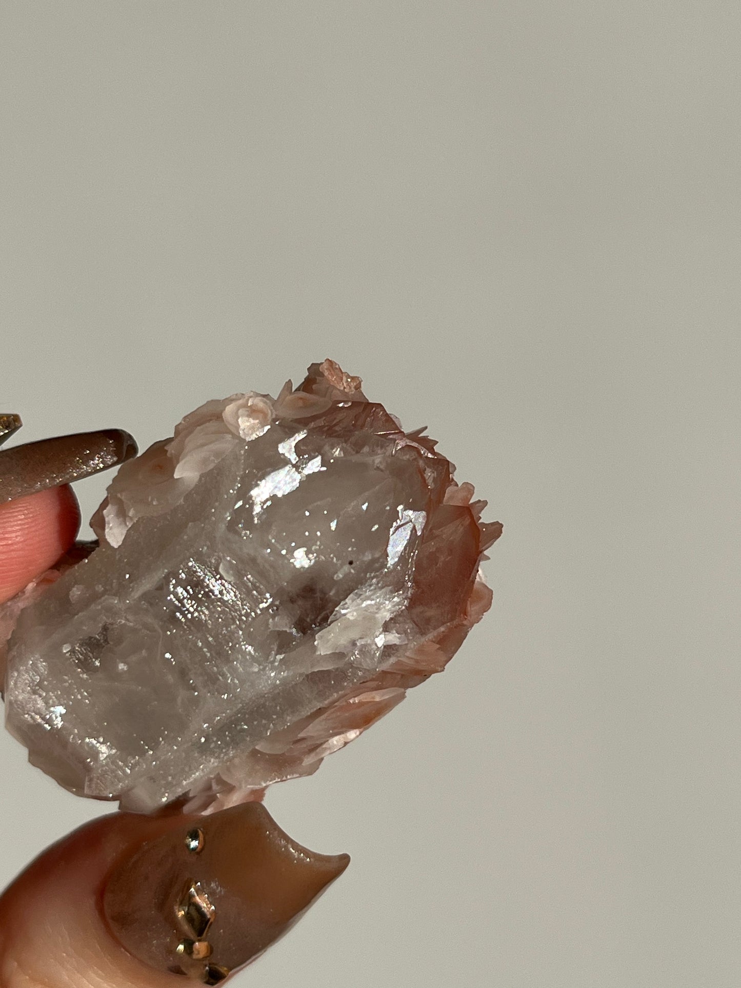 Peach Sakura Blossom Calcite on Elestial DT Quartz Specimen J