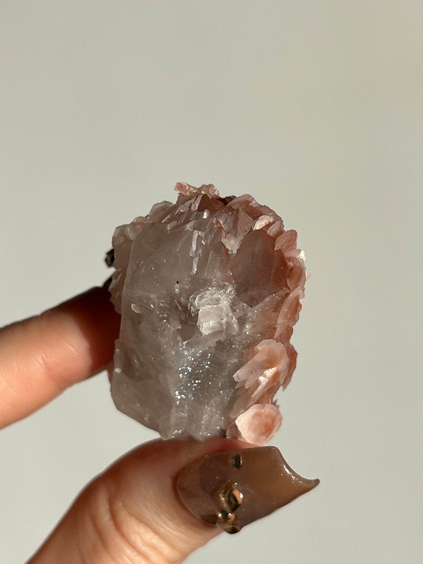 Peach Sakura Blossom Calcite on Elestial DT Quartz Specimen J