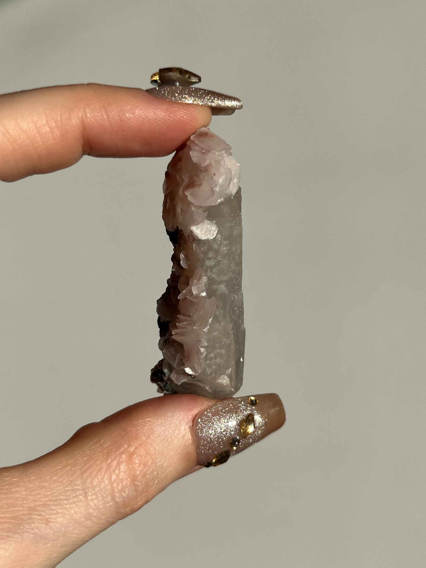 Pink Sakura Blossom Calcite on Quartz Specimen L