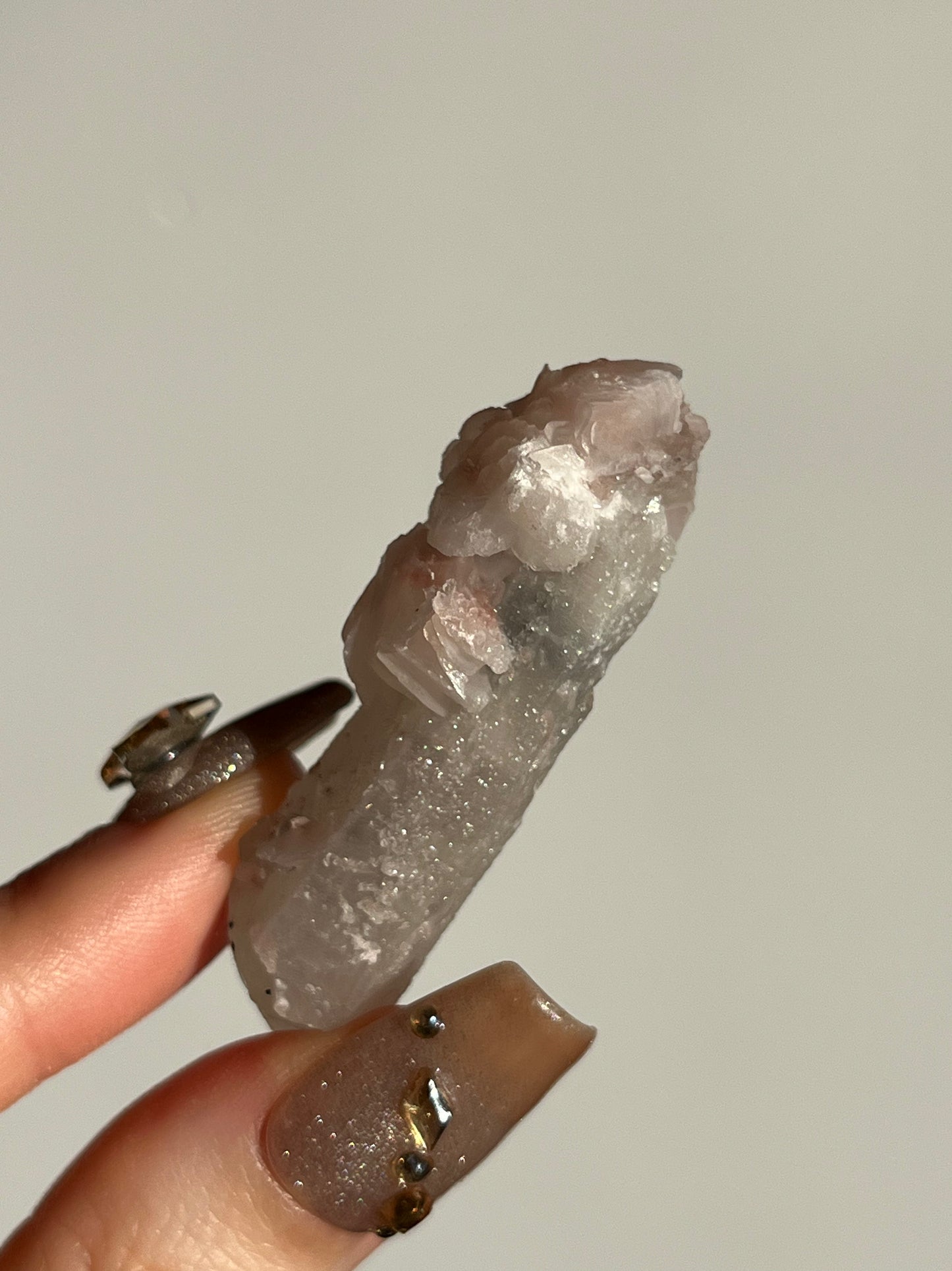Pink Sakura Blossom Calcite on Quartz Specimen M