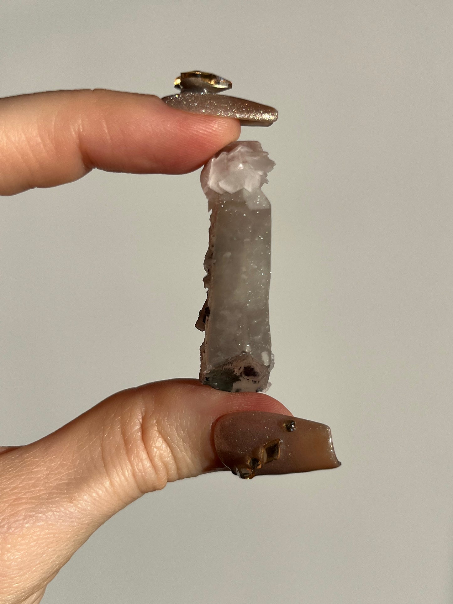Pink Sakura Blossom Calcite on Quartz Specimen N
