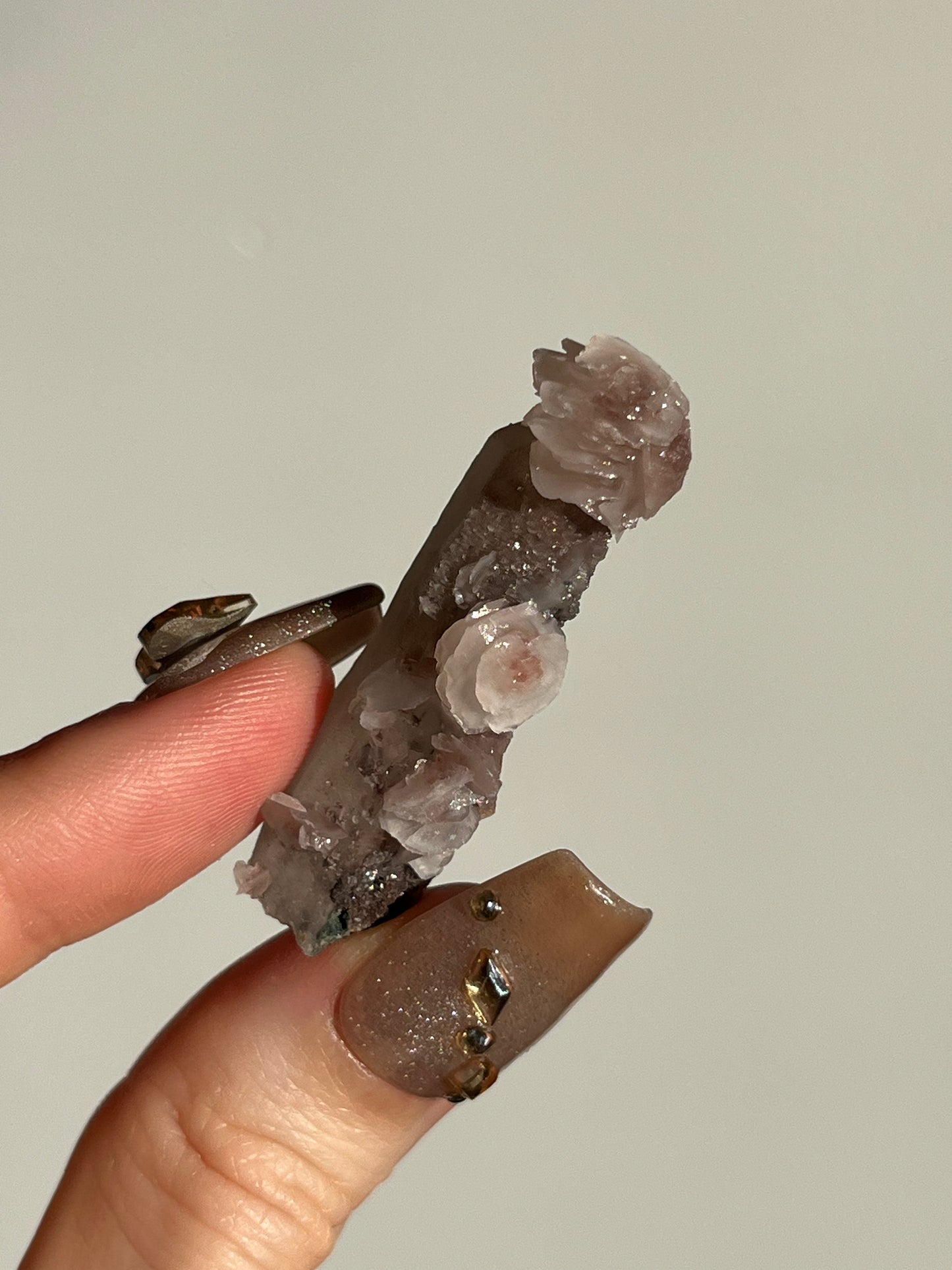 Pink Sakura Blossom Calcite on Quartz Specimen N