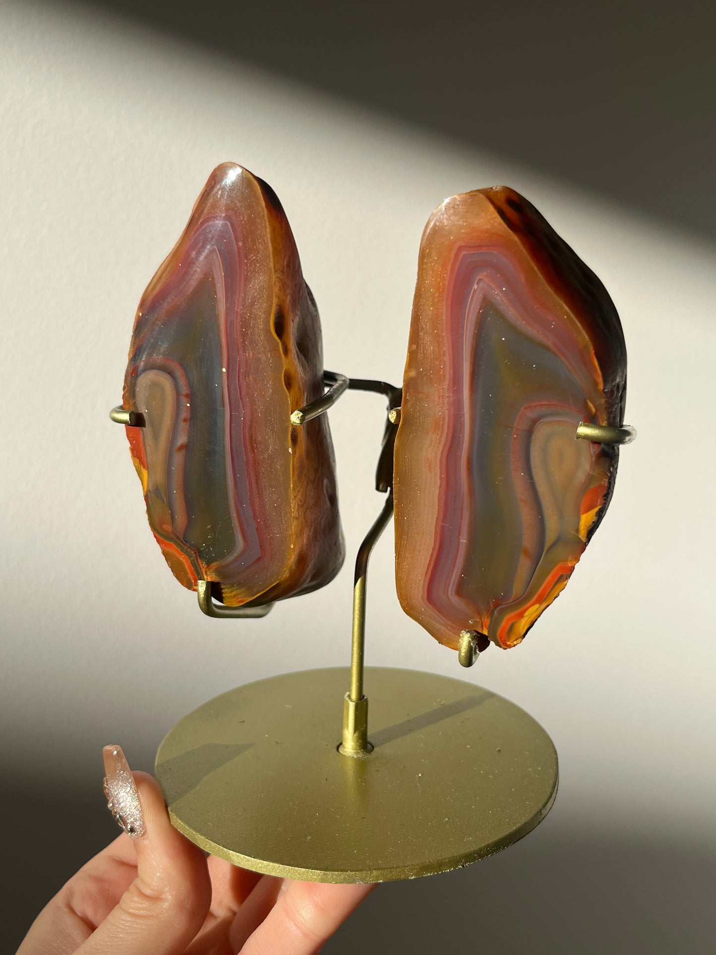 ‘Rosestone Monolith' Pink West Indonesian Agate Butterfly Pair on Stand