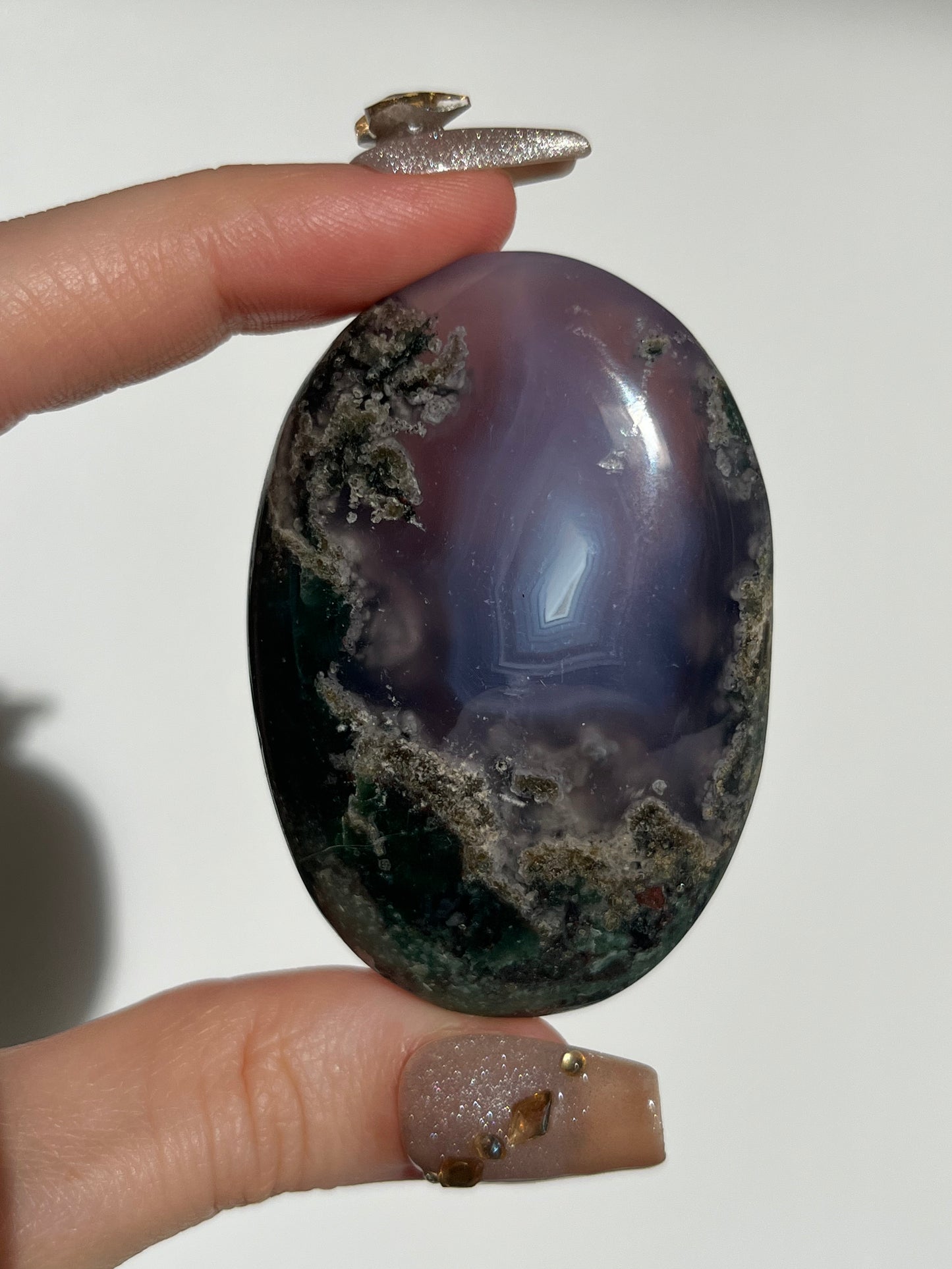 Purple Chalcedony with Green Moss and Parallax Effect Palmstone B
