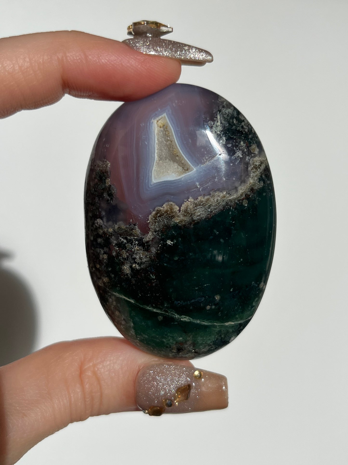Purple Chalcedony with Green Moss and Parallax Effect Palmstone B