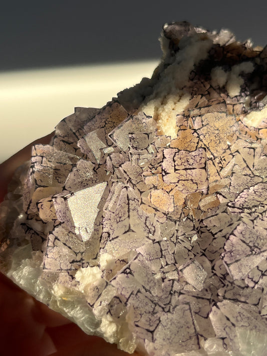 Purple, Yellow and Green Cubic QR Code Fluorite and Calcite Specimen