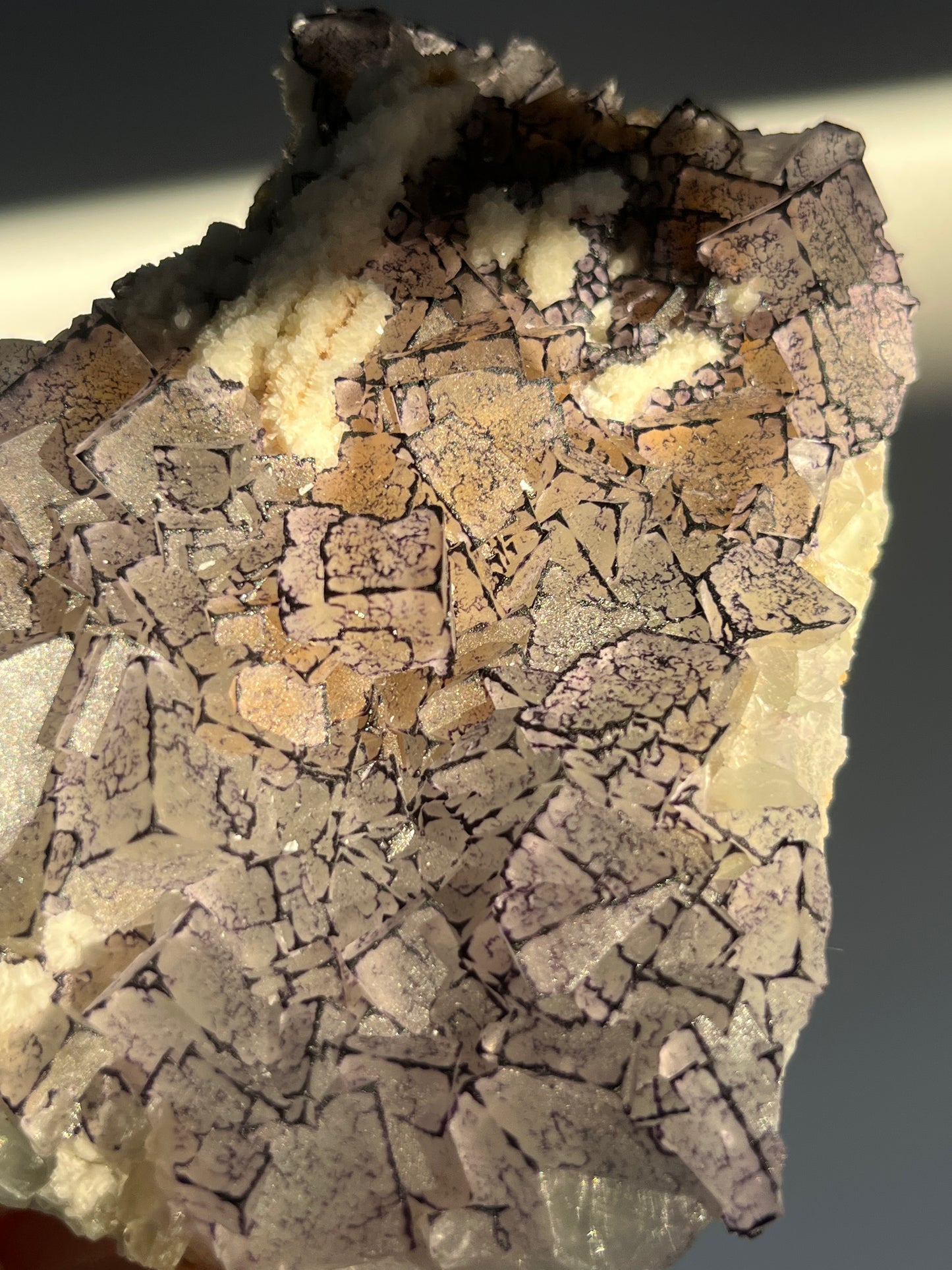 Purple, Yellow and Green Cubic QR Code Fluorite and Calcite Specimen