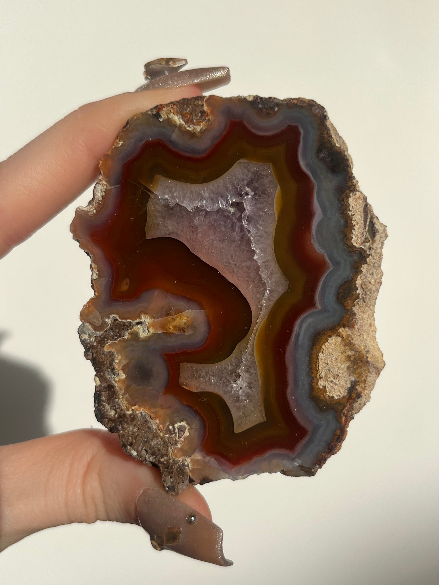 ‘Aurora Sanctum’ Orange-Red Laguna Agate with Amethyst Geode