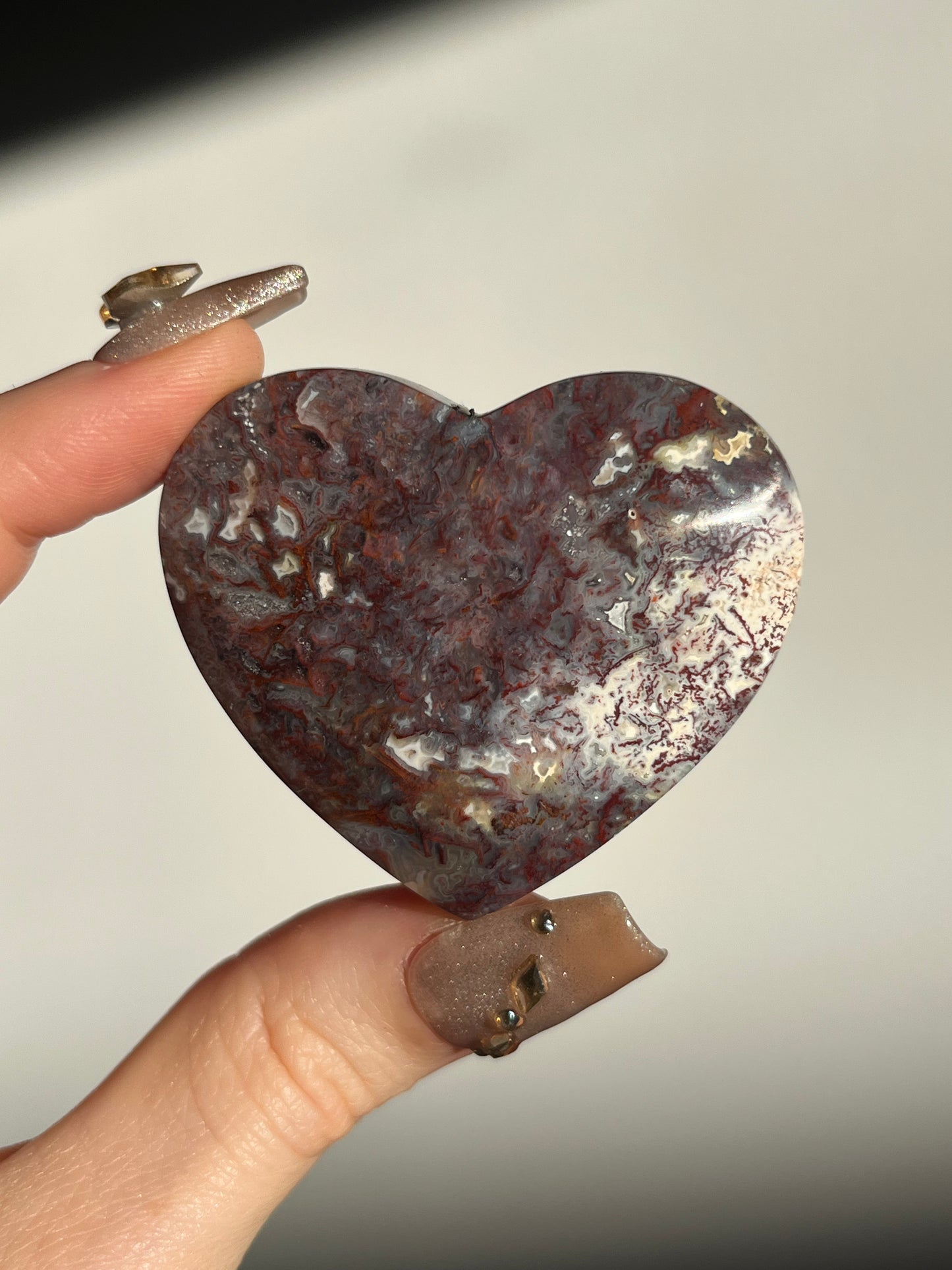 Red Moss in Chalcedony Heart Carving J