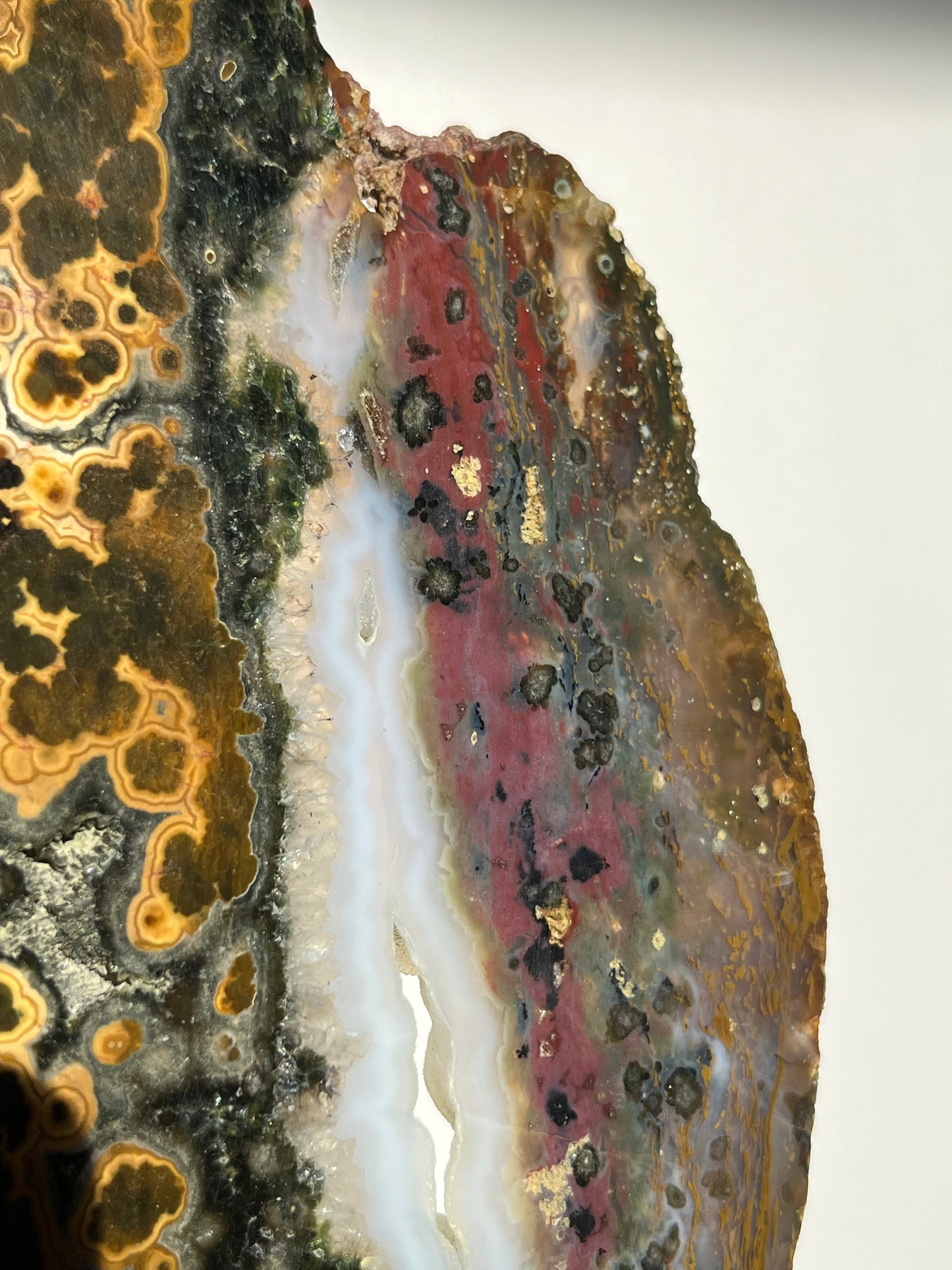 Multicoloured River Jasper Slab with Dendritic Inclusions on Rotating Gold Coloured Stand