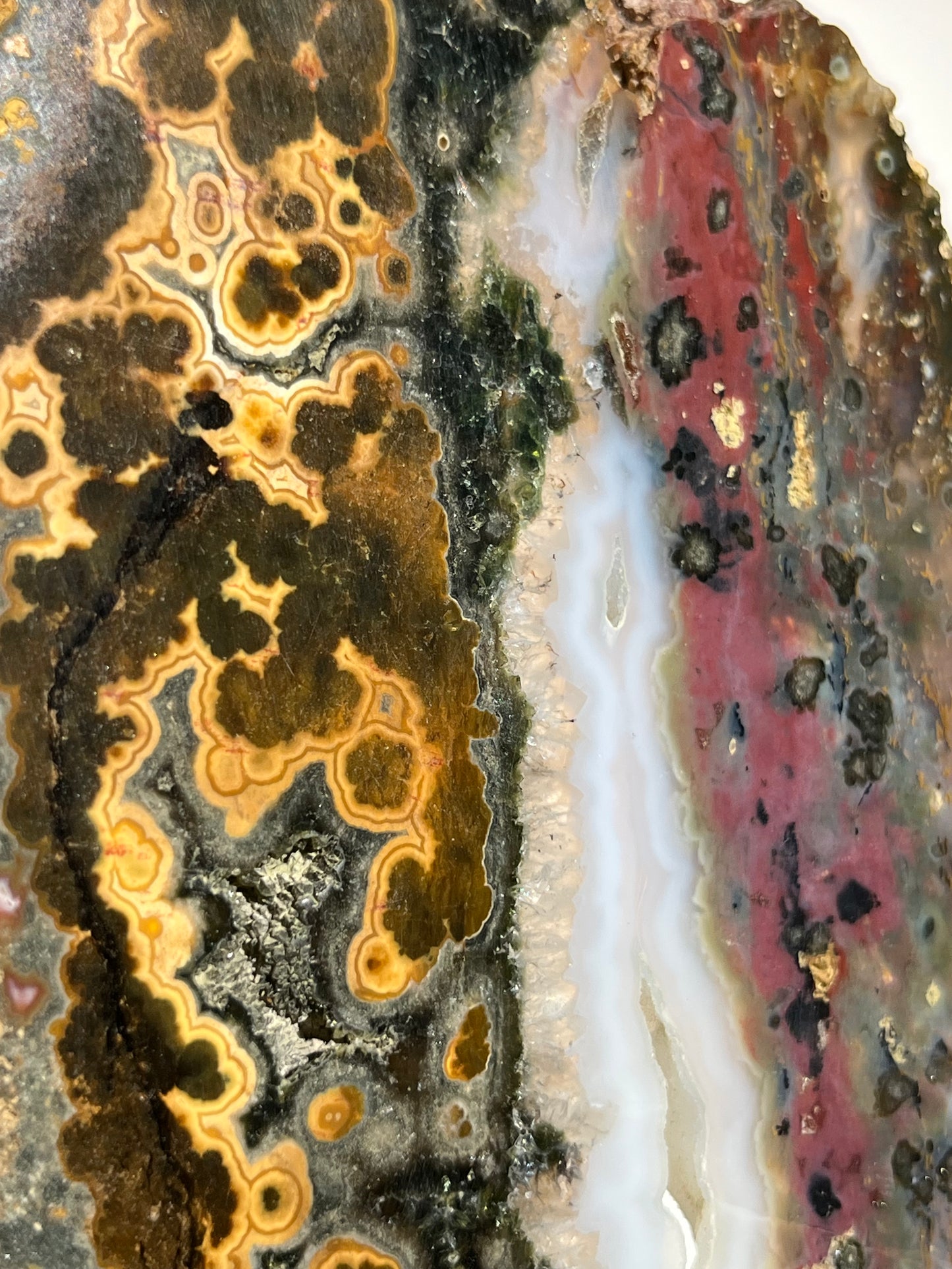 Multicoloured River Jasper Slab with Dendritic Inclusions on Rotating Gold Coloured Stand