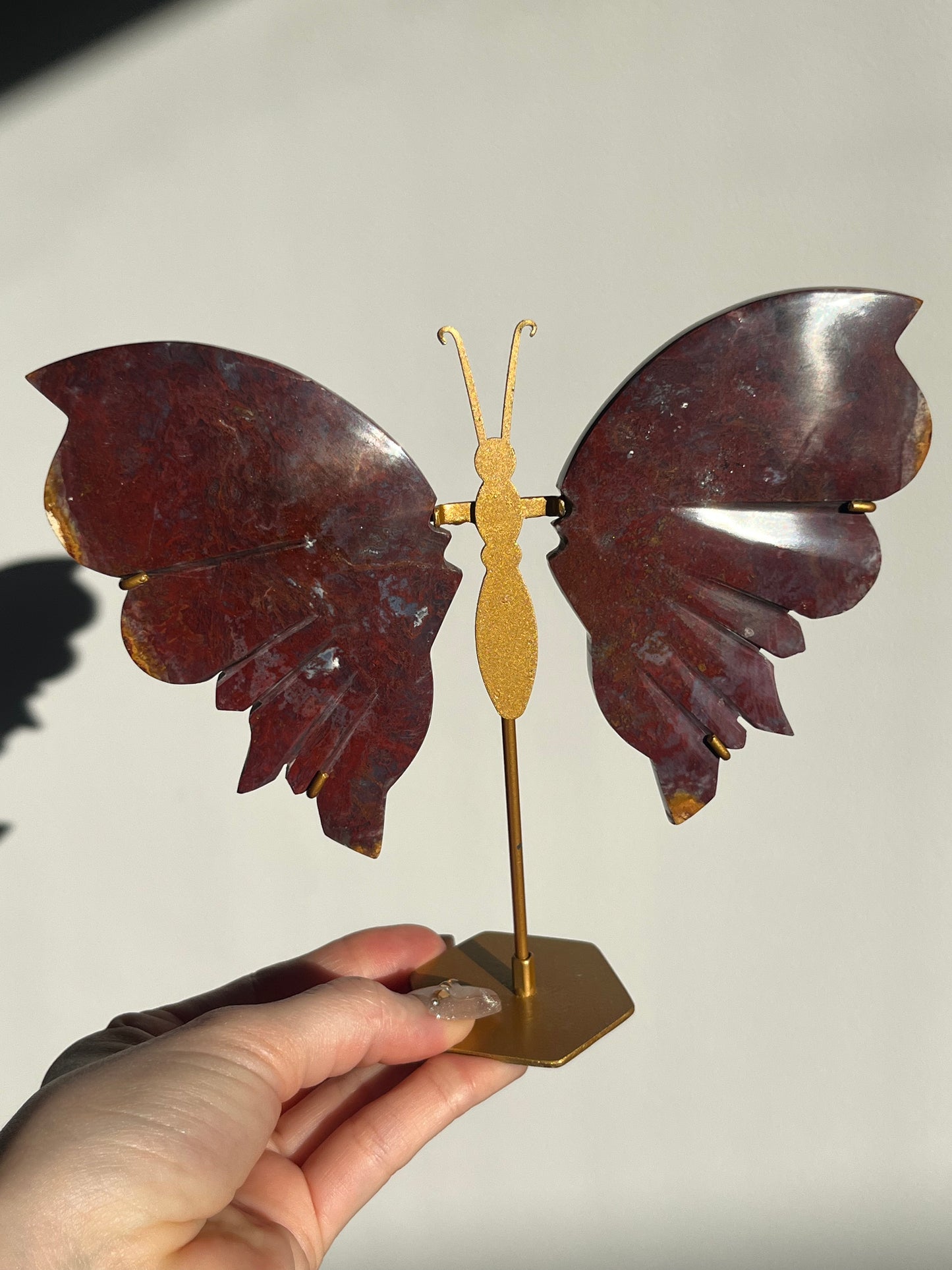 Red Moss in Chalcedony Butterfly Wing set on Stand