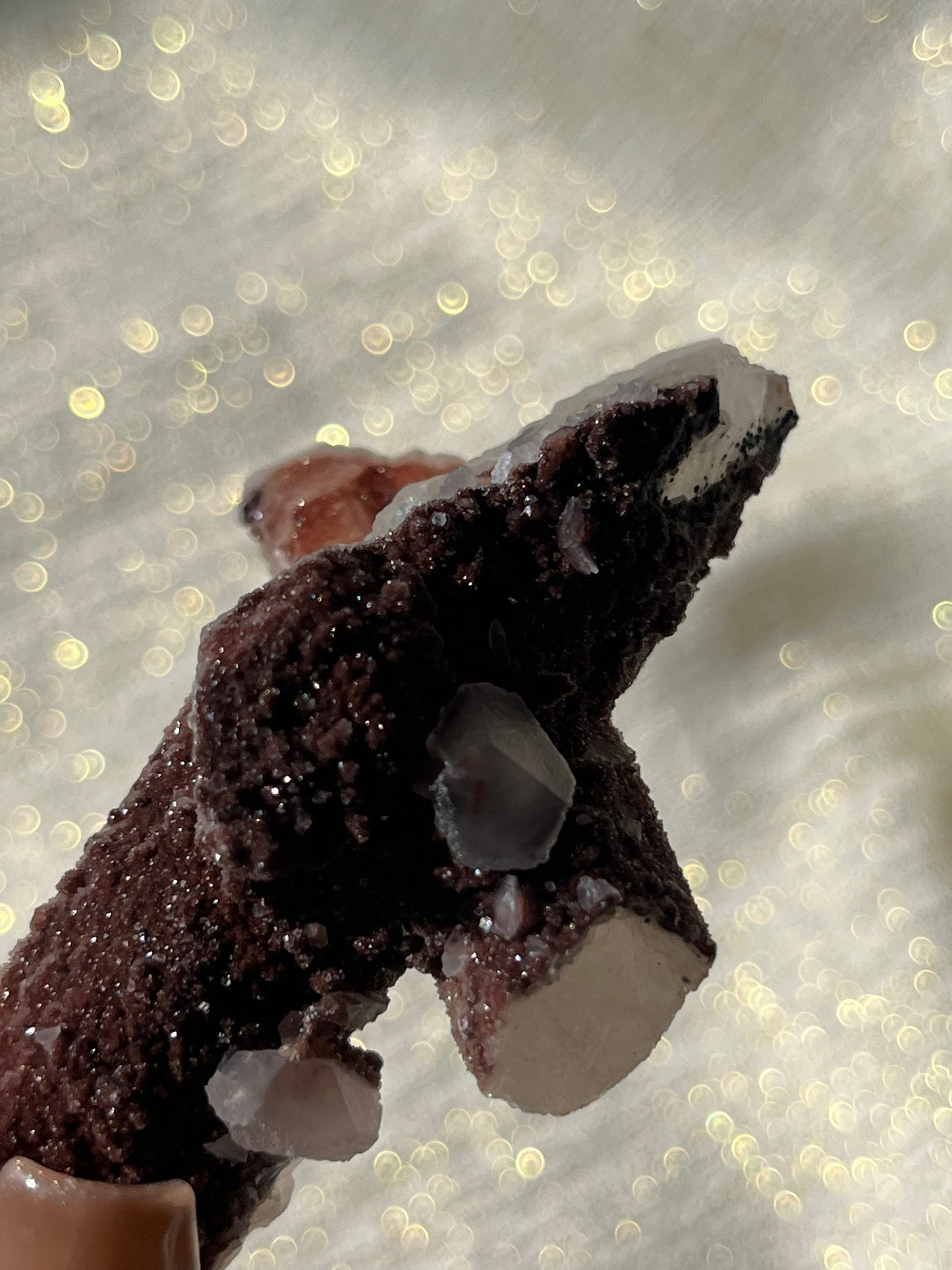 Crucifix Formation Twilight Plum Elestial Quartz with Sakura Blossom Calcite Specimen E