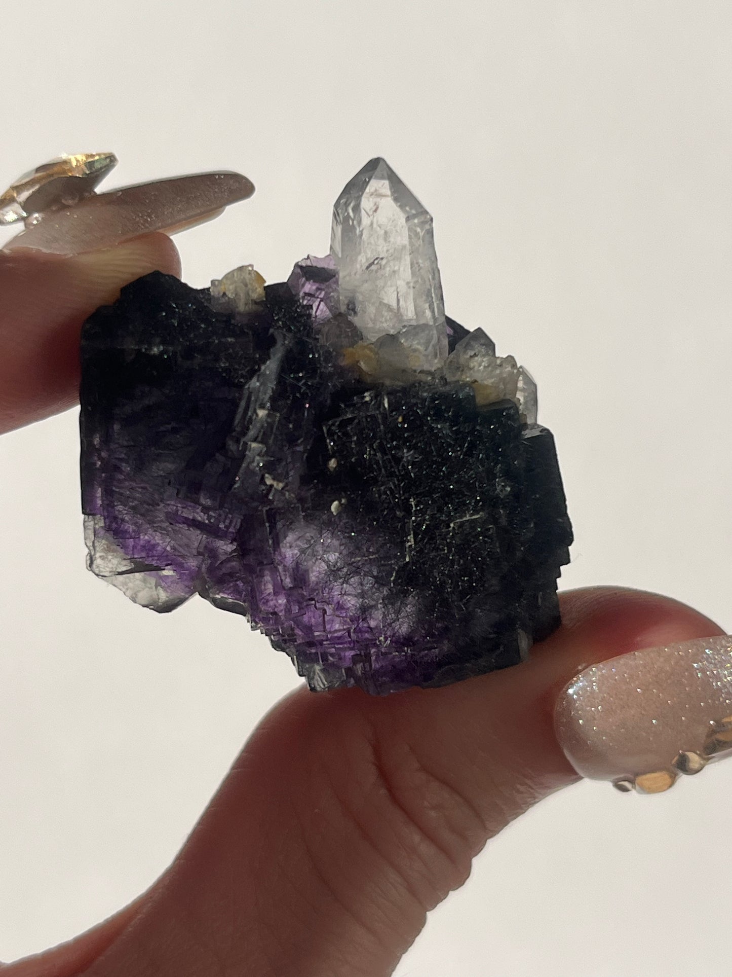 Dark Purple Yaogangxian Fluorite Specimen with Quartz and Bismuthinite Rutile Inclusions