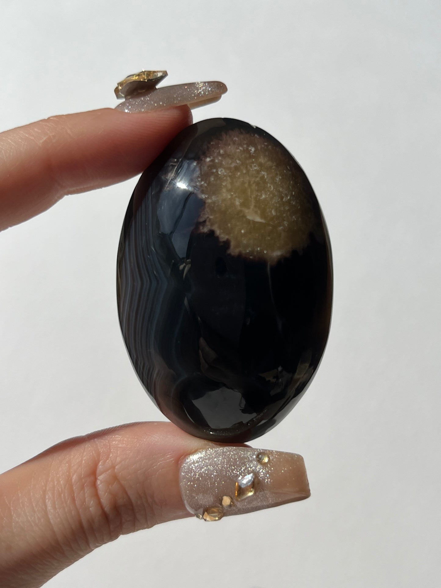 Yellow and Blue Banded Agate Palmstone with Parallax Effect C