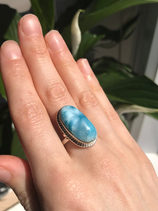 Anillo de plata ajustable de Larimar de grado AAA 01