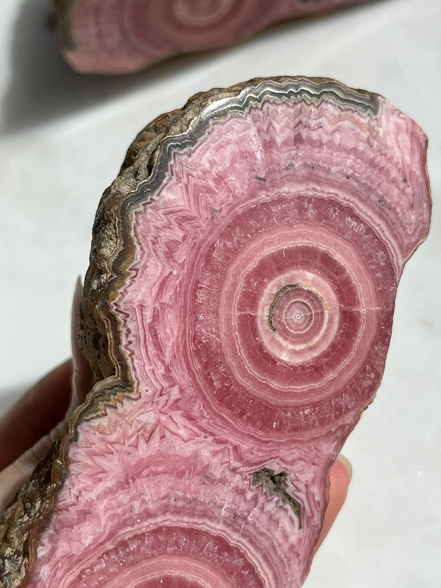 Rare 1980s Rhodochrosite Double Eye Stalactite Slab Pair w/Pyrite Margin