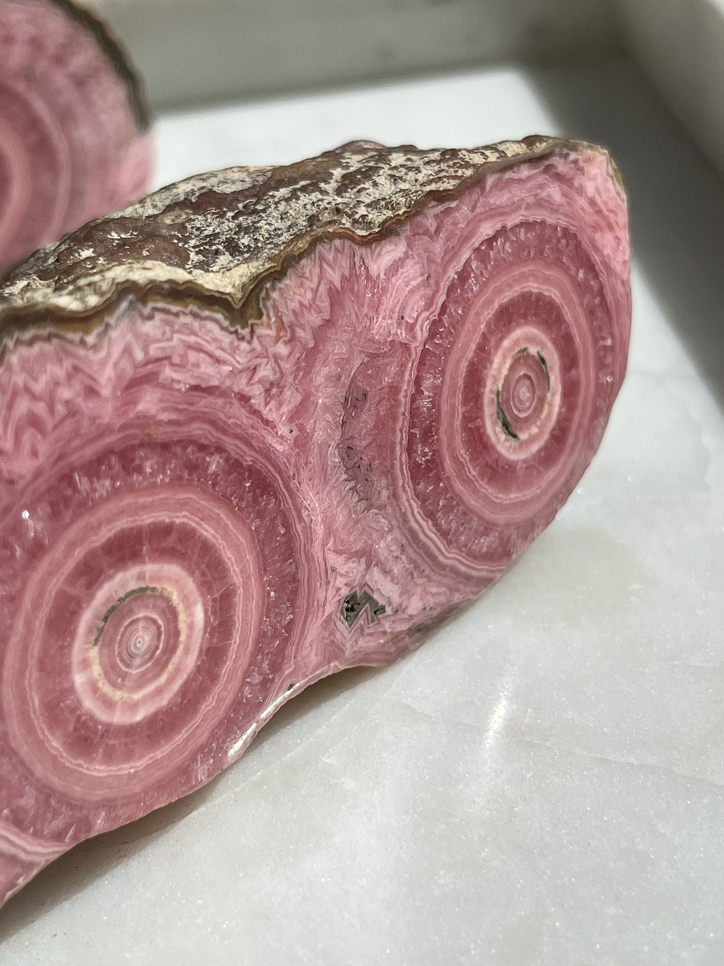 Rare 1980s Rhodochrosite Double Eye Stalactite Slab Pair w/Pyrite Margin