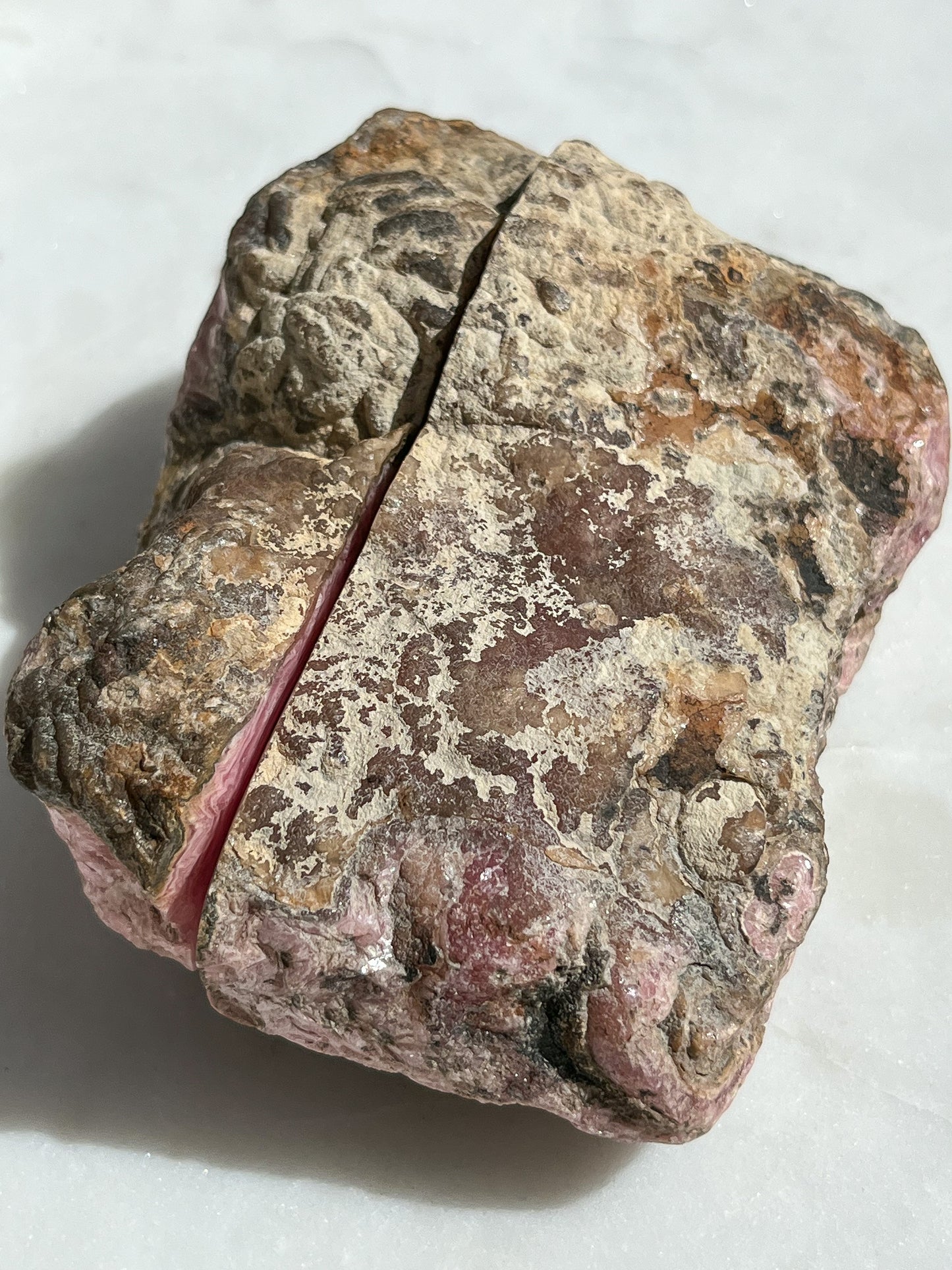 Rare 1980s Rhodochrosite Double Eye Stalactite Slab Pair w/Pyrite Margin