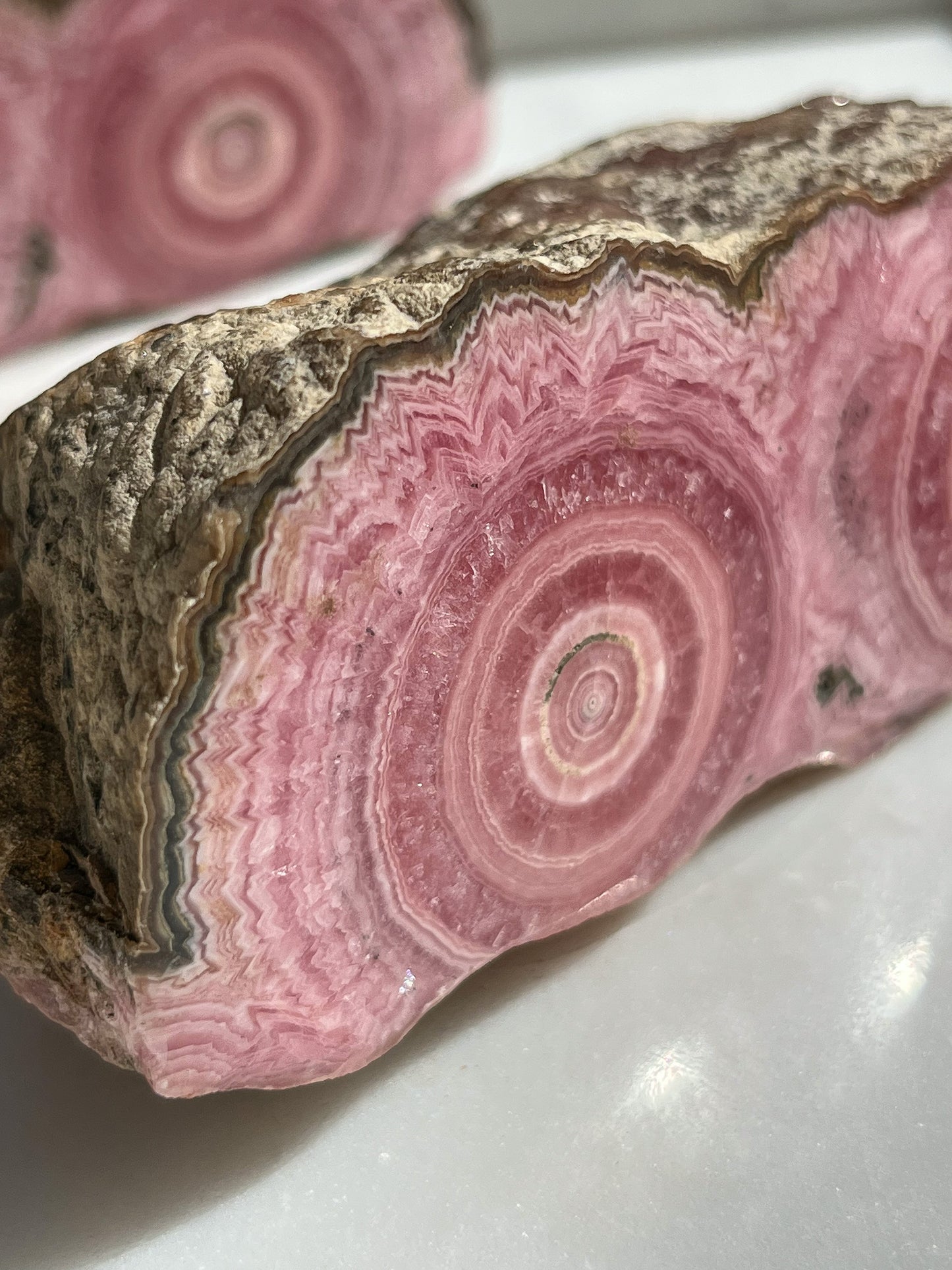 Rare 1980s Rhodochrosite Double Eye Stalactite Slab Pair w/Pyrite Margin