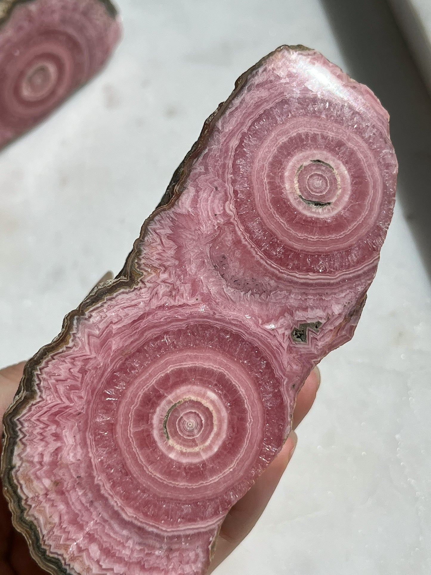 Rare 1980s Rhodochrosite Double Eye Stalactite Slab Pair w/Pyrite Margin