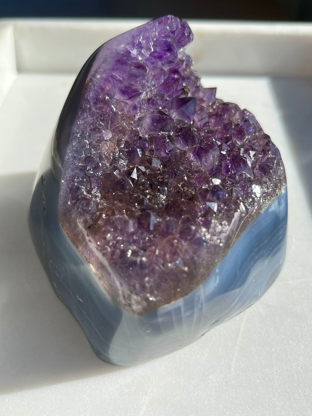 Uruguayan Amethyst w/Blue Banded Agate Cut Base Cluster #4