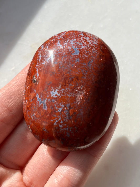 Indonesian Red Jasper in Blue Chalcedony Palmstone (You Choose)