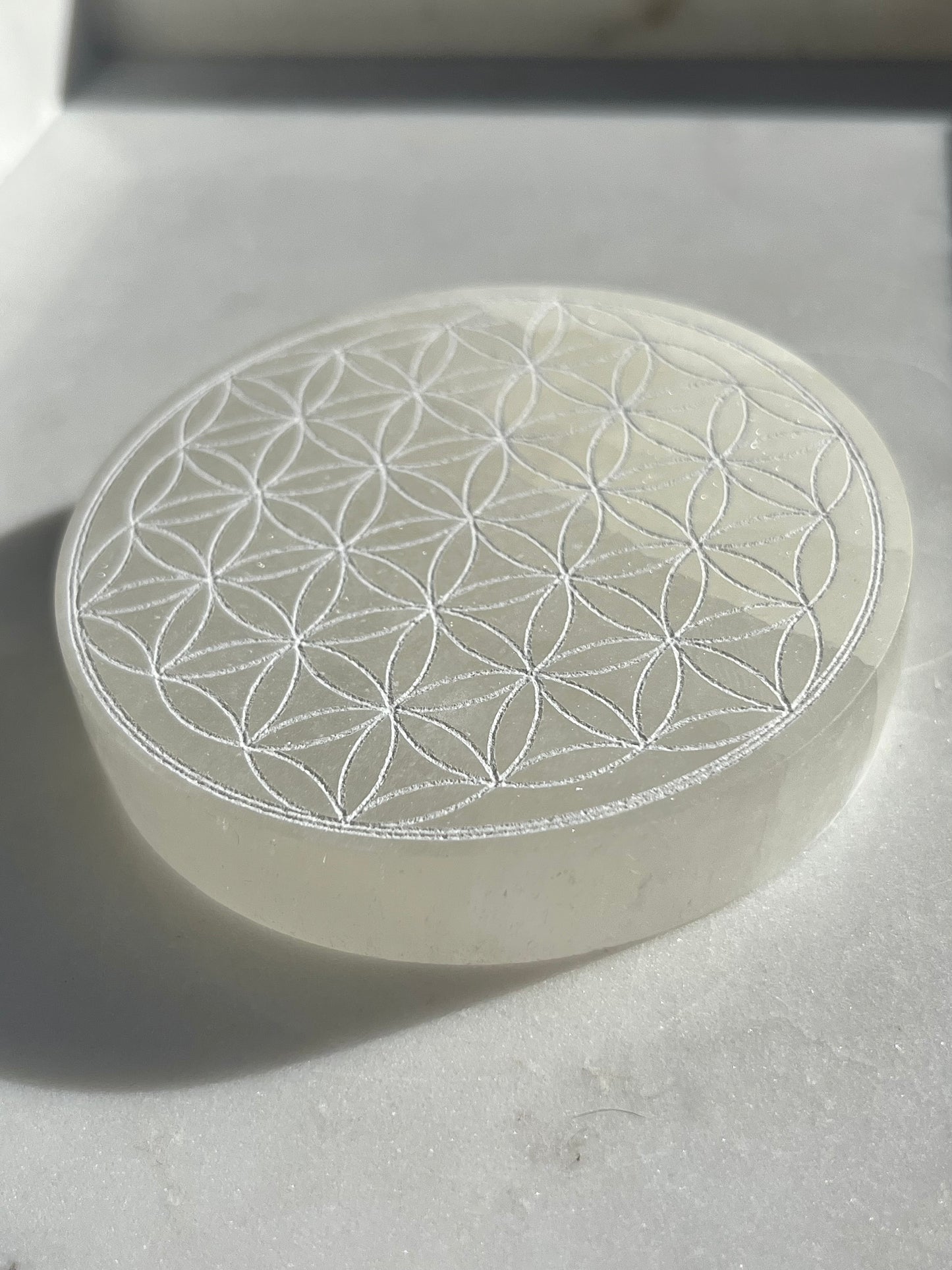 Flower of Life Engraved Selenite Charging Plate