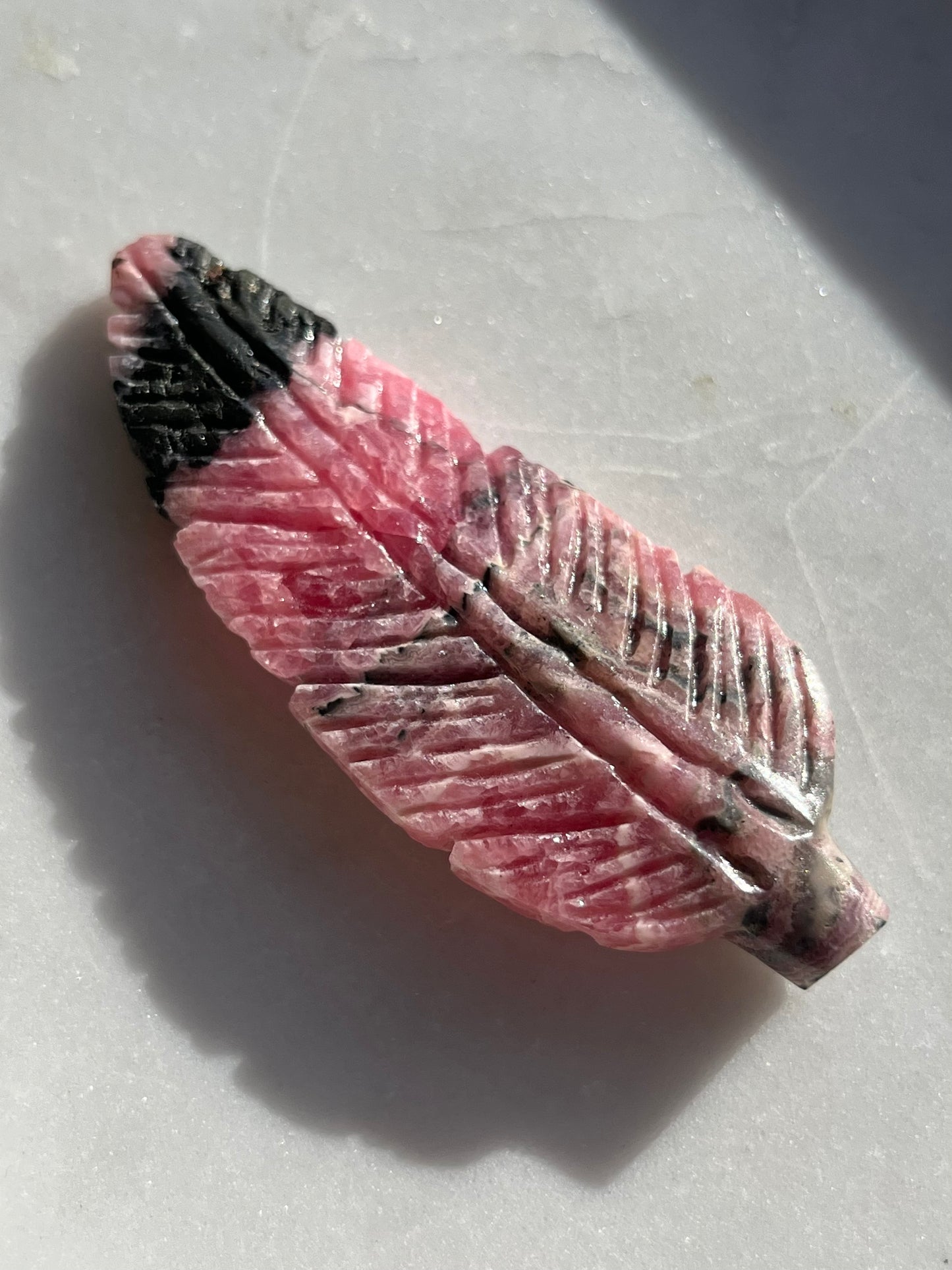 Rhodochrosite Feather Carving