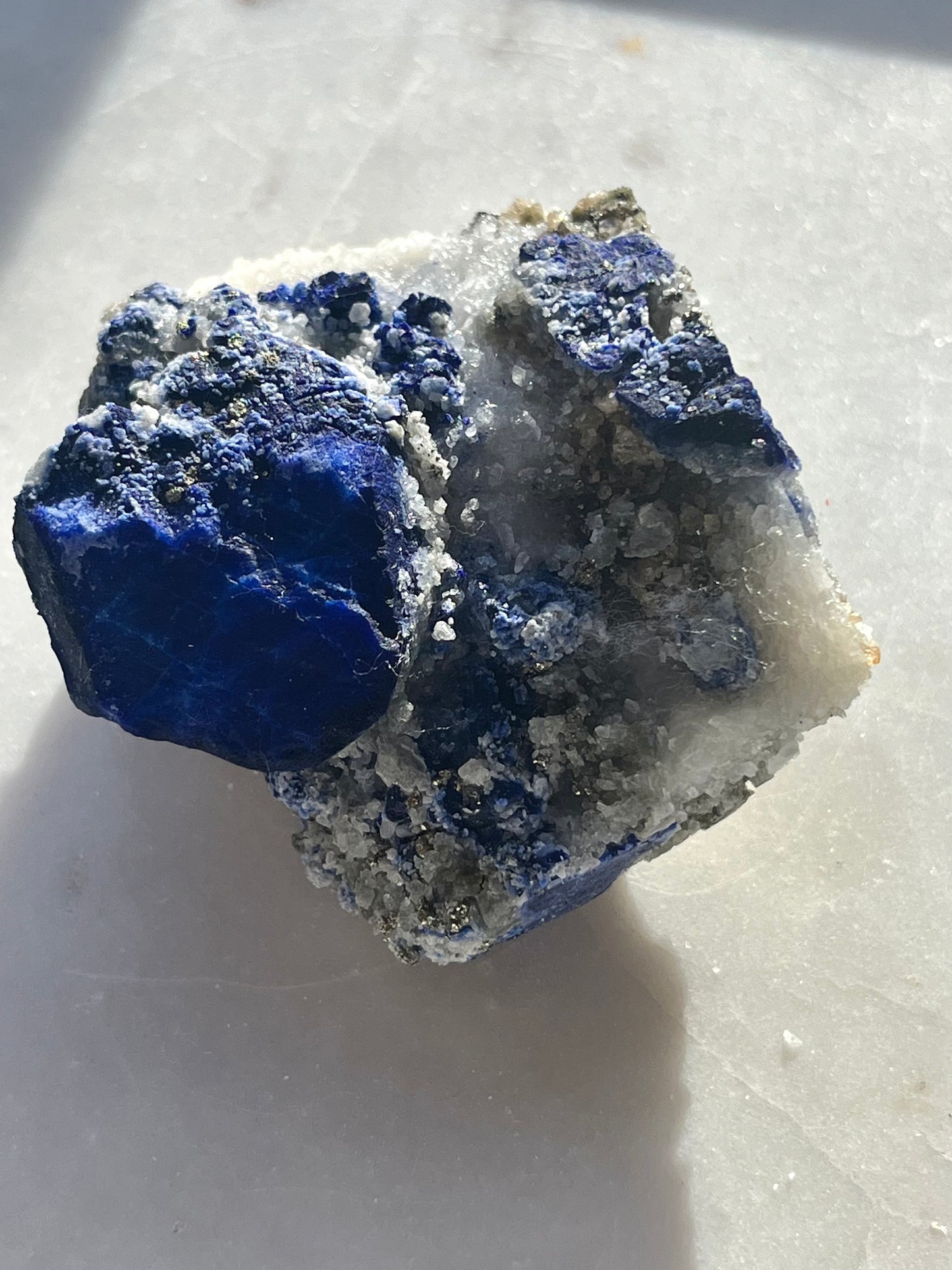 "Chevron" Lazurite, Calcite & Pyrite Specimen on Marble #3