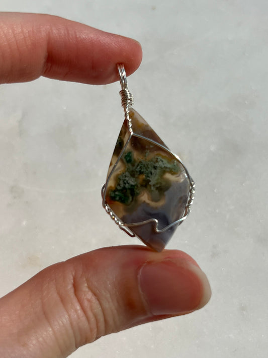 Danau Agate w/Green Moss 925 Sterling Silver Wire Wrap Pendant