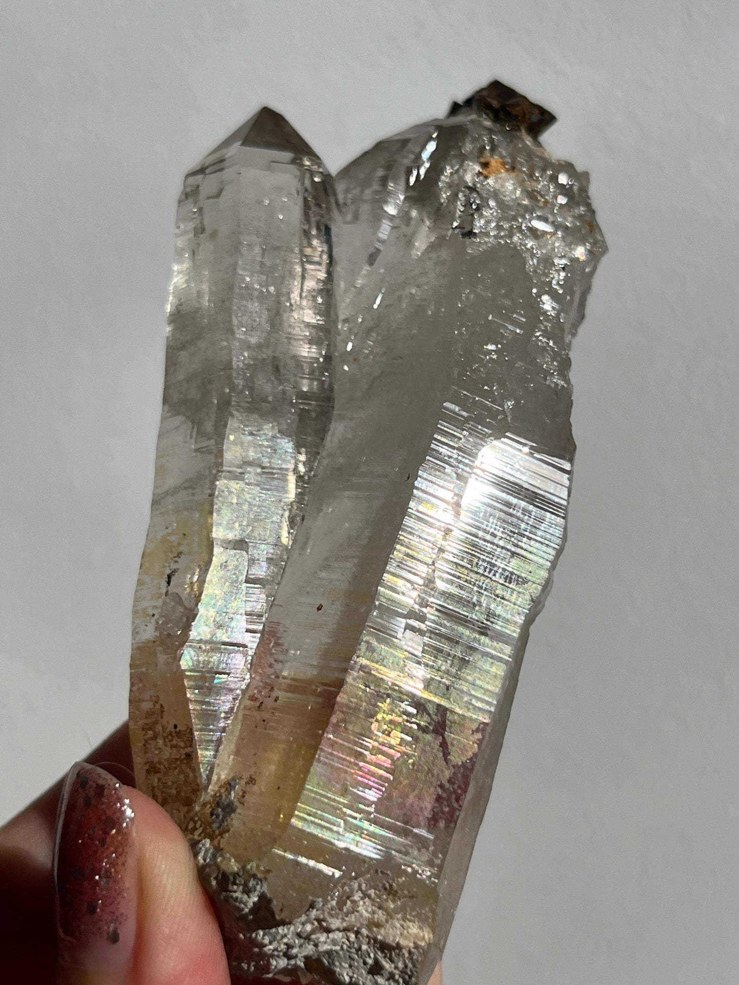 Natural Iridescent Aura Coated Himalayan Quartz Triplet Point Cluster w/Siderite #10