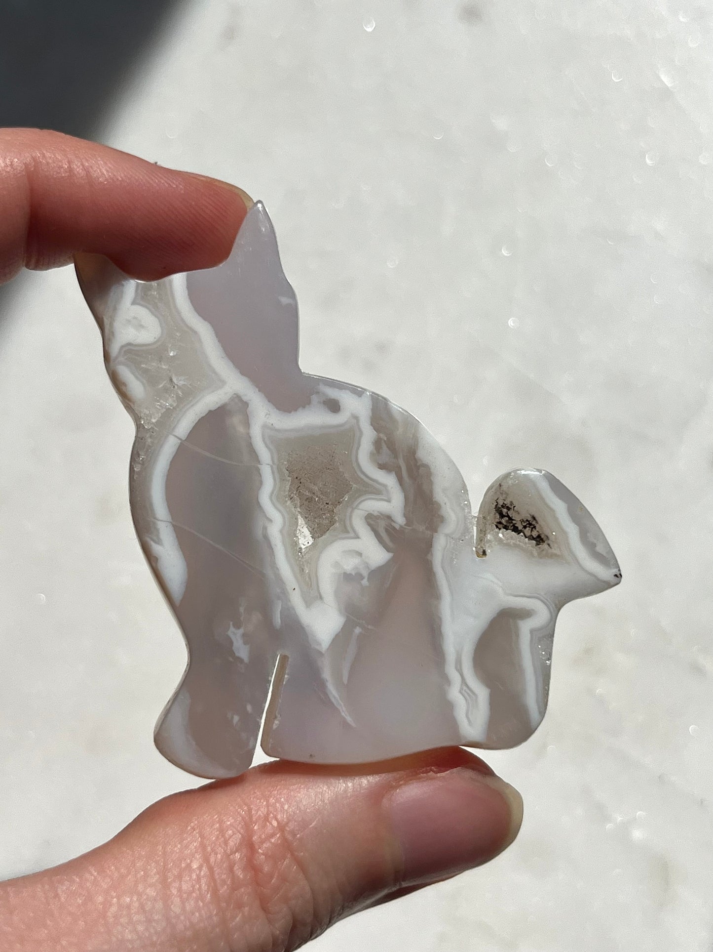 Druzy White Plume Chalcedony Cat Carving #1