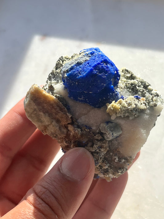 "Ultramarine" Euhedral Lazurite, Calcite & Pyrite Specimen on Marble #26
