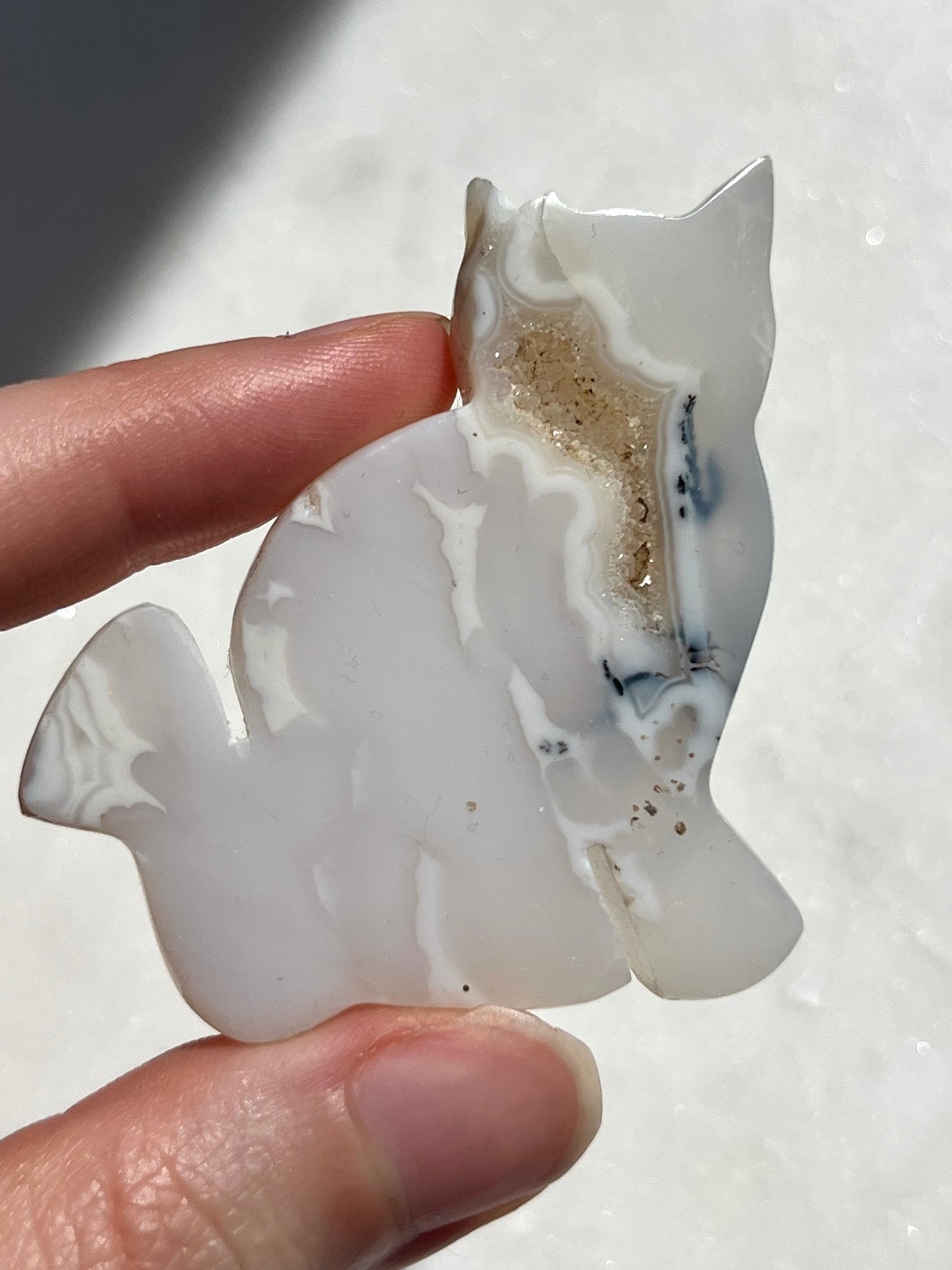 Druzy White Plume Agate w/Dendritic Inclusions Cat Carving #3 (Slight Chip on Right Ear)