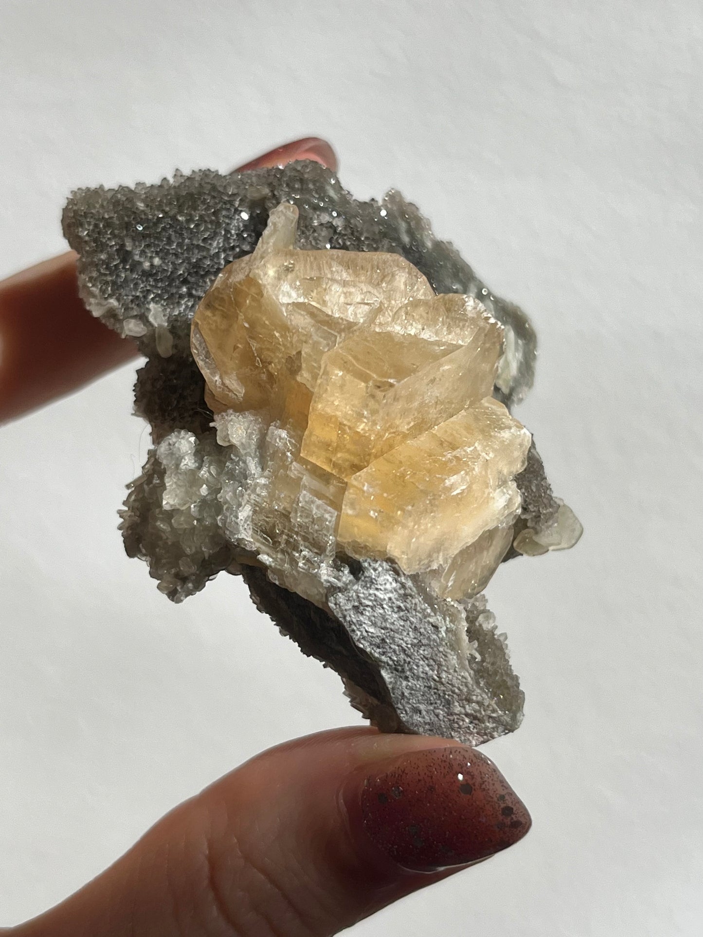 Jiangxi Calcite on Druzy Quartz Coated Matrix (You Choose)