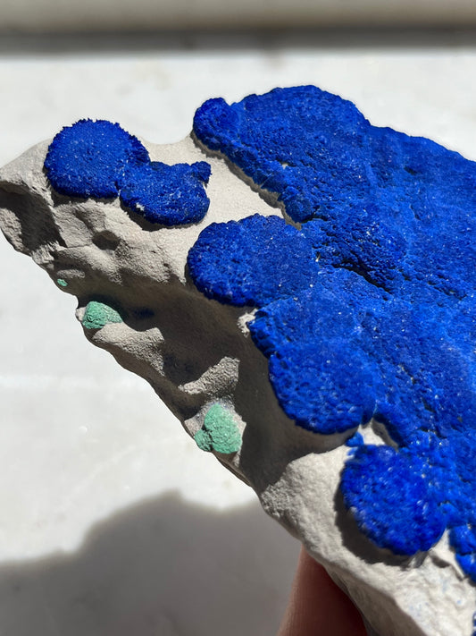 Rare Collector’s Specimen: Azurite Sun w/Malachite Suns on Clay