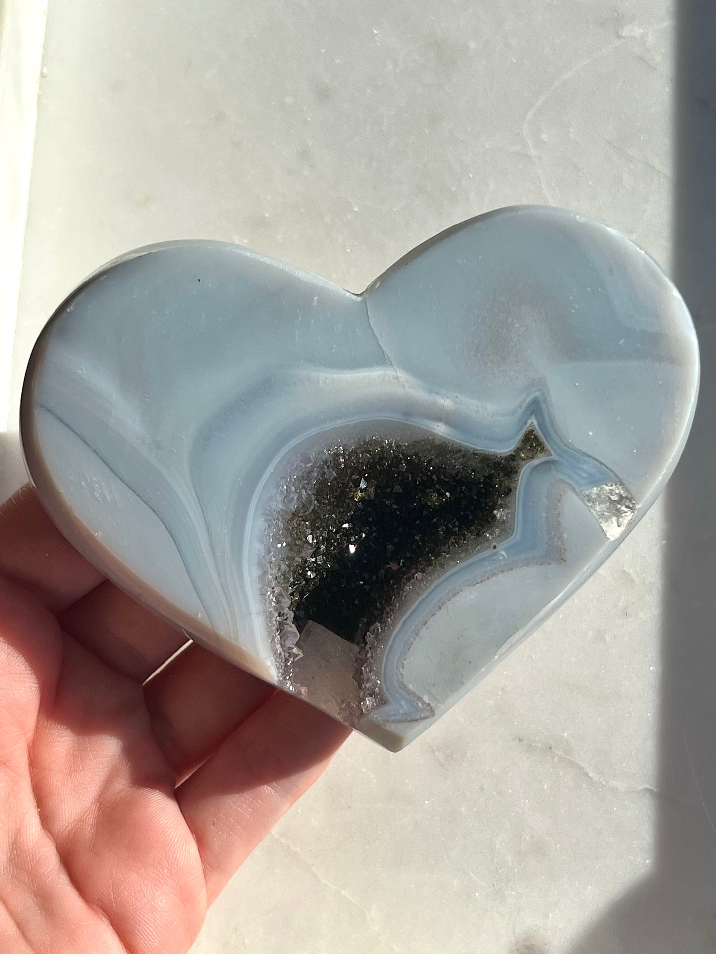 Druzy Quartz & Agate Heart Carving w/Calcite #F