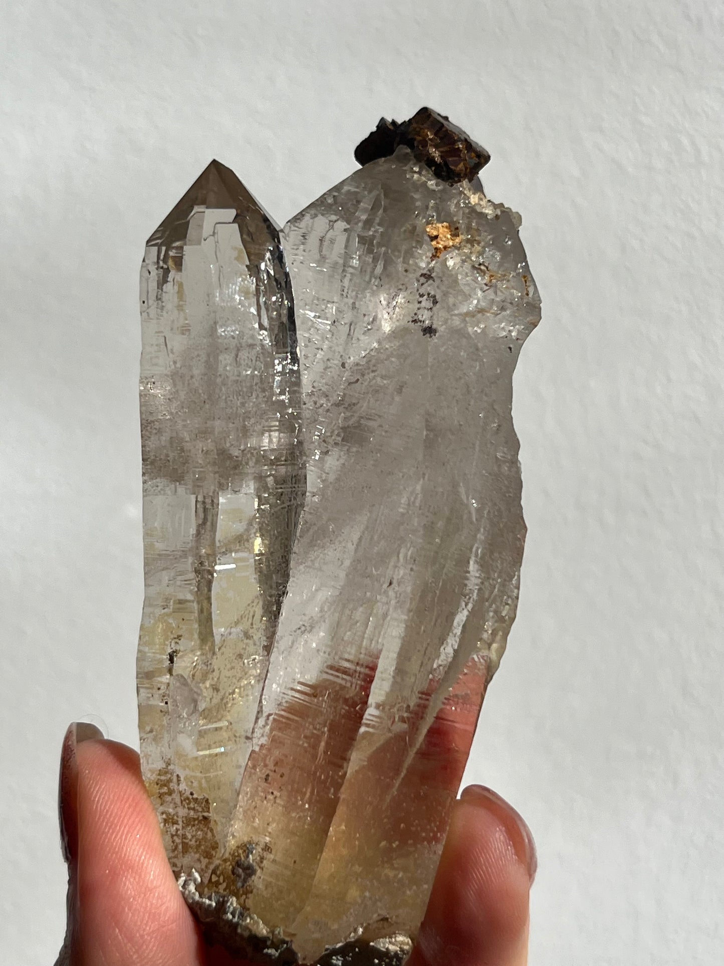 Natural Iridescent Aura Coated Himalayan Quartz Triplet Point Cluster w/Siderite #10