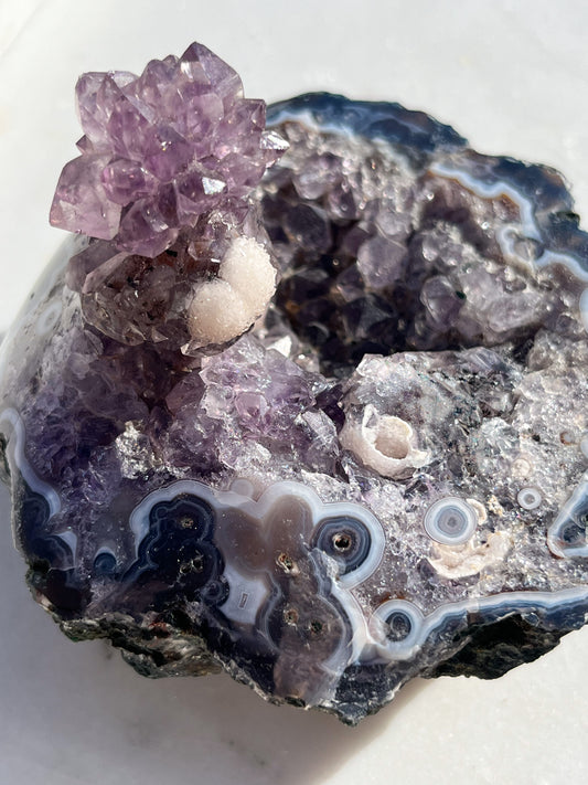 “Europa” One-of-a-Kind Amethyst Flower Cluster with Druzy Coated Calcite & Orbicular Blue Banded Agate