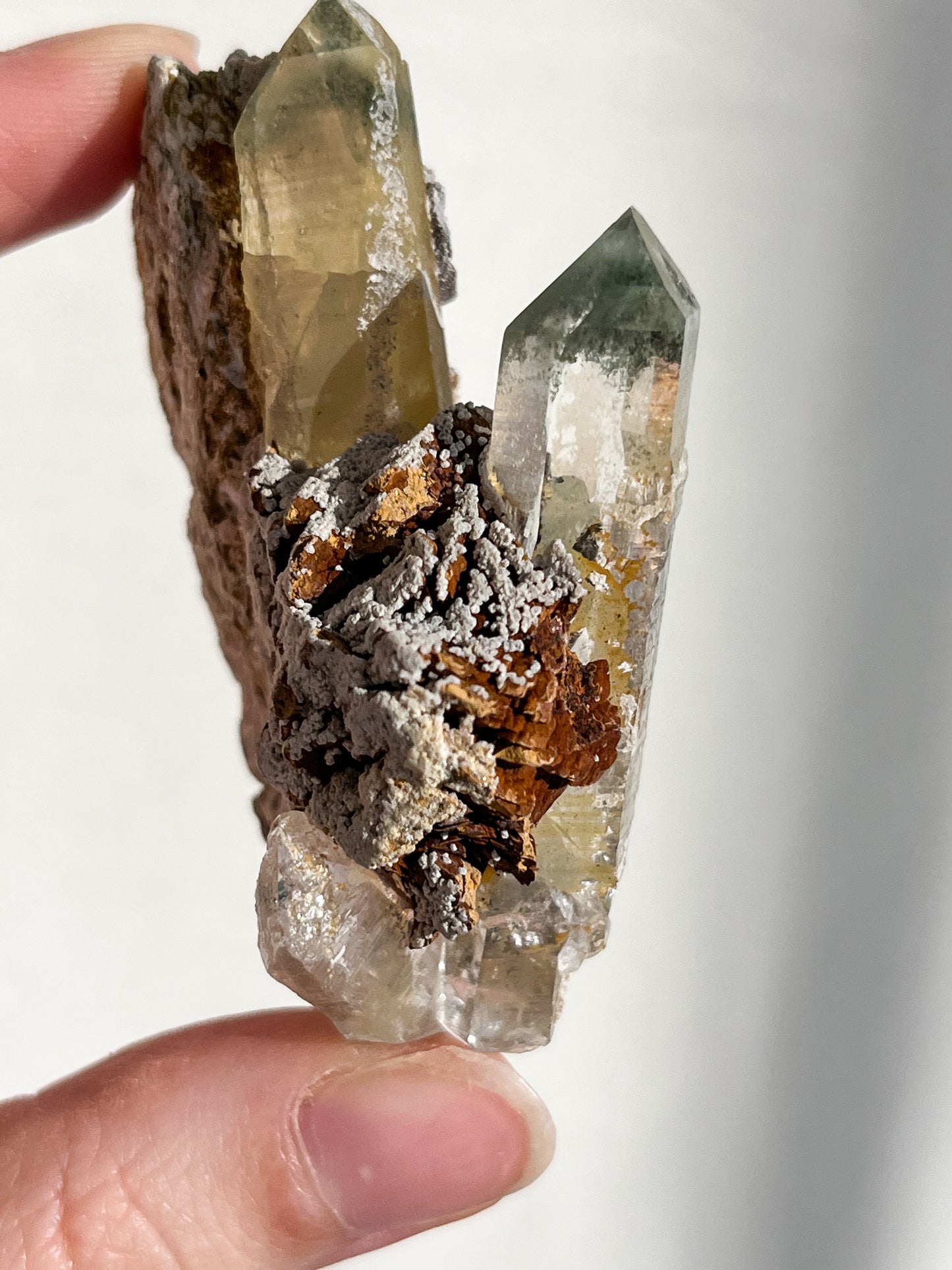 Chlorite Included Himalayan Quartz with Natural Aura Coating & Siderite on Muscovite Matrix #1