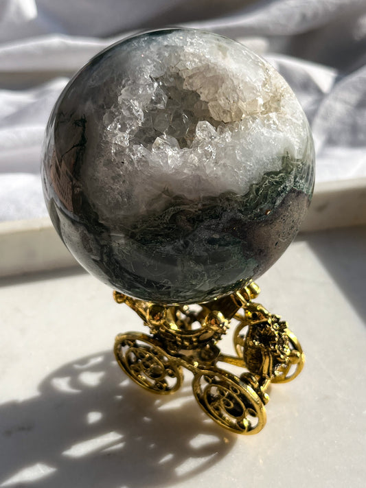 'Saturn' A Grade Moss Agate & Quartz Geode Sphere #7