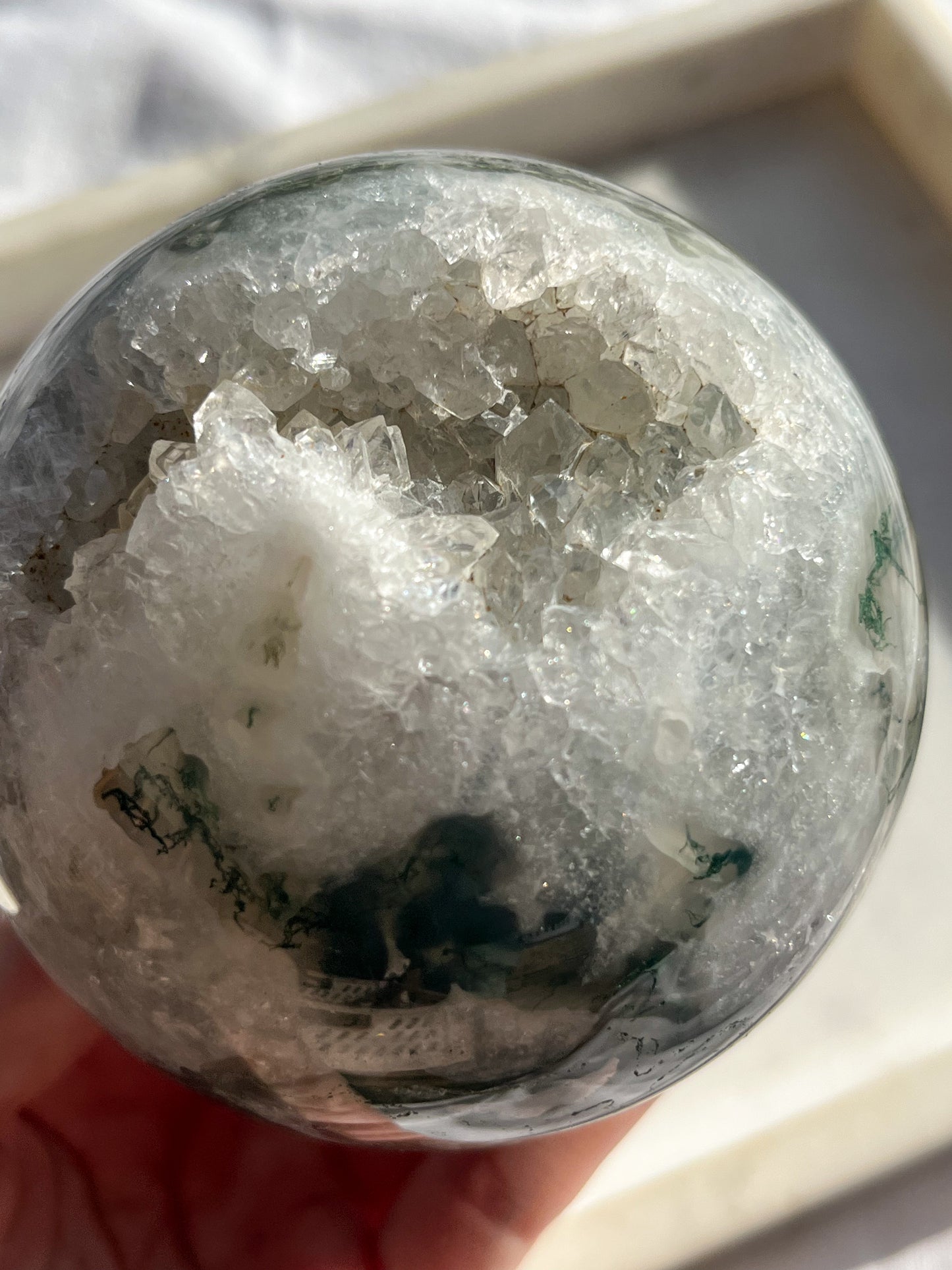 'Saturn' A Grade Moss Agate & Quartz Geode Sphere #7