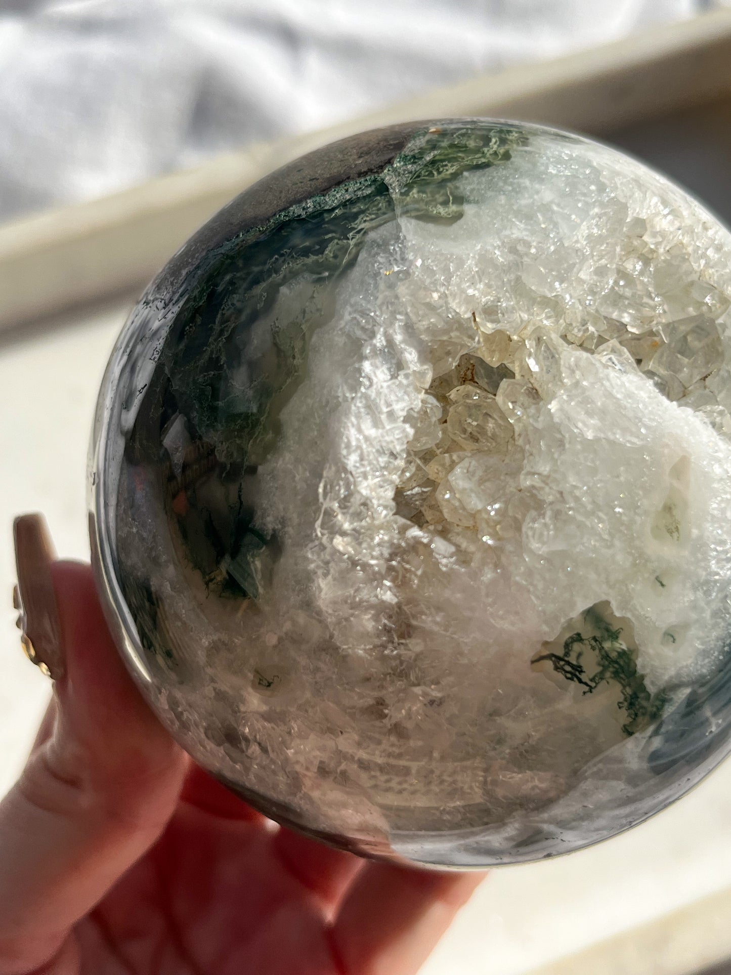 'Saturn' A Grade Moss Agate & Quartz Geode Sphere #7