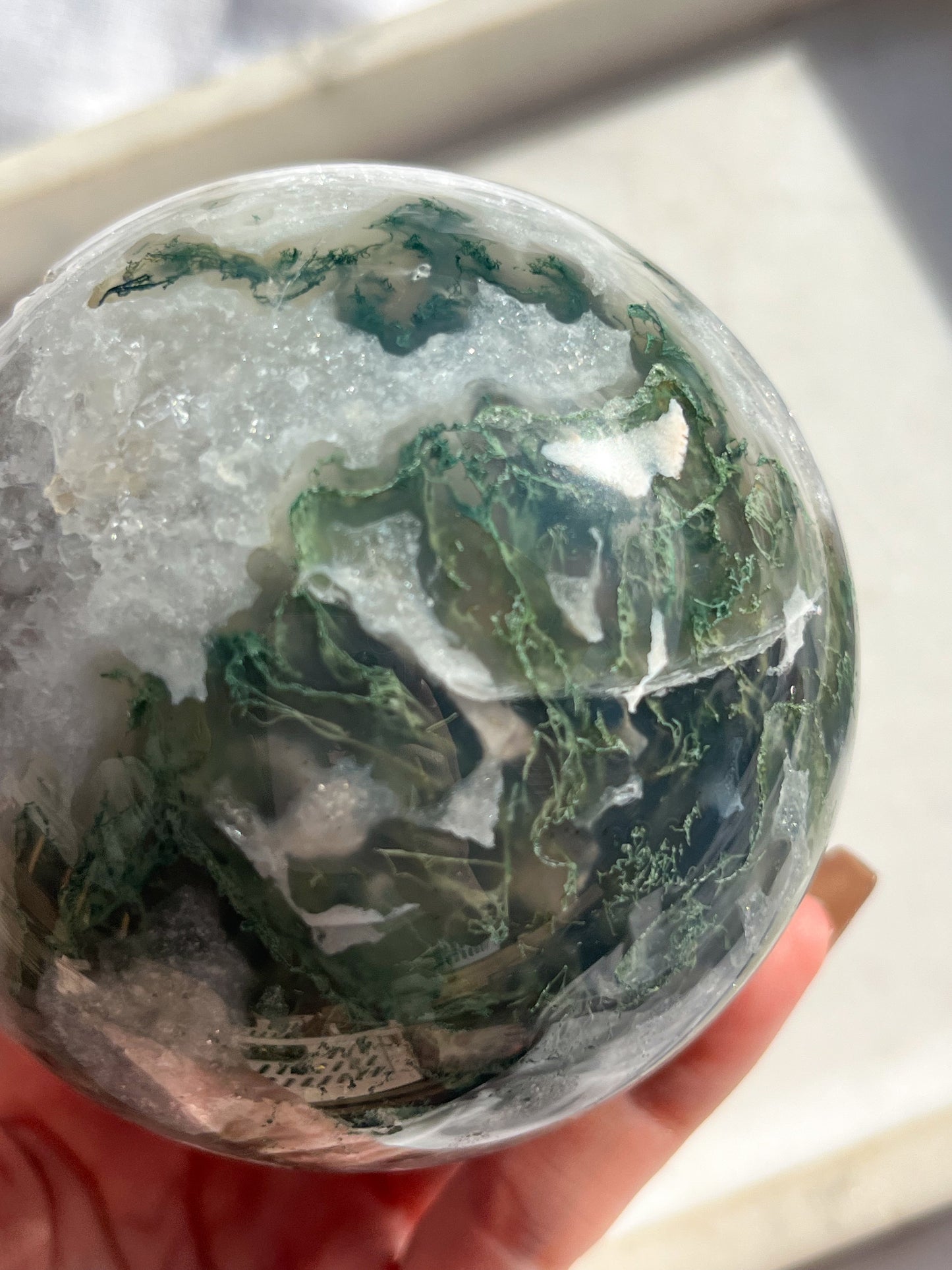 'Saturn' A Grade Moss Agate & Quartz Geode Sphere #7