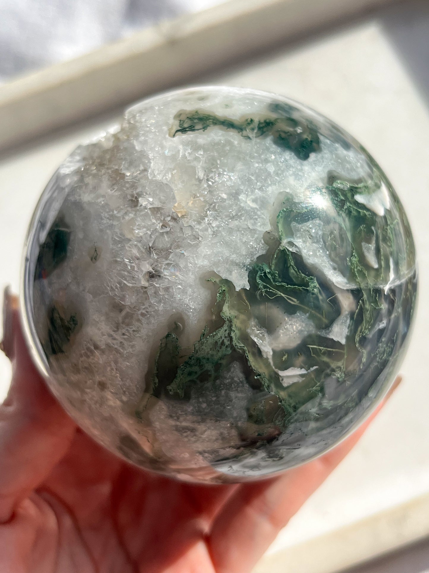 'Saturn' A Grade Moss Agate & Quartz Geode Sphere #7