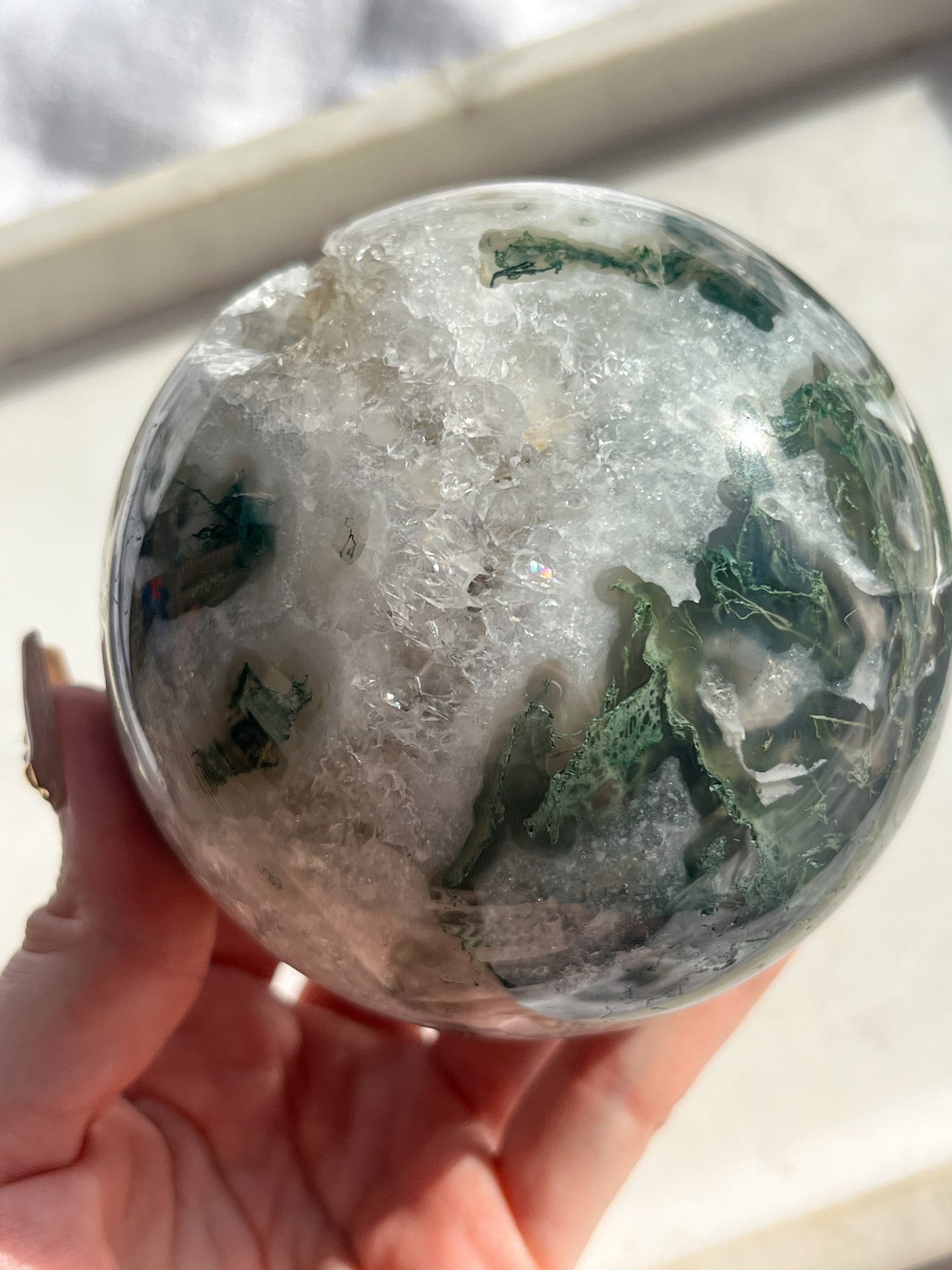 'Saturn' A Grade Moss Agate & Quartz Geode Sphere #7