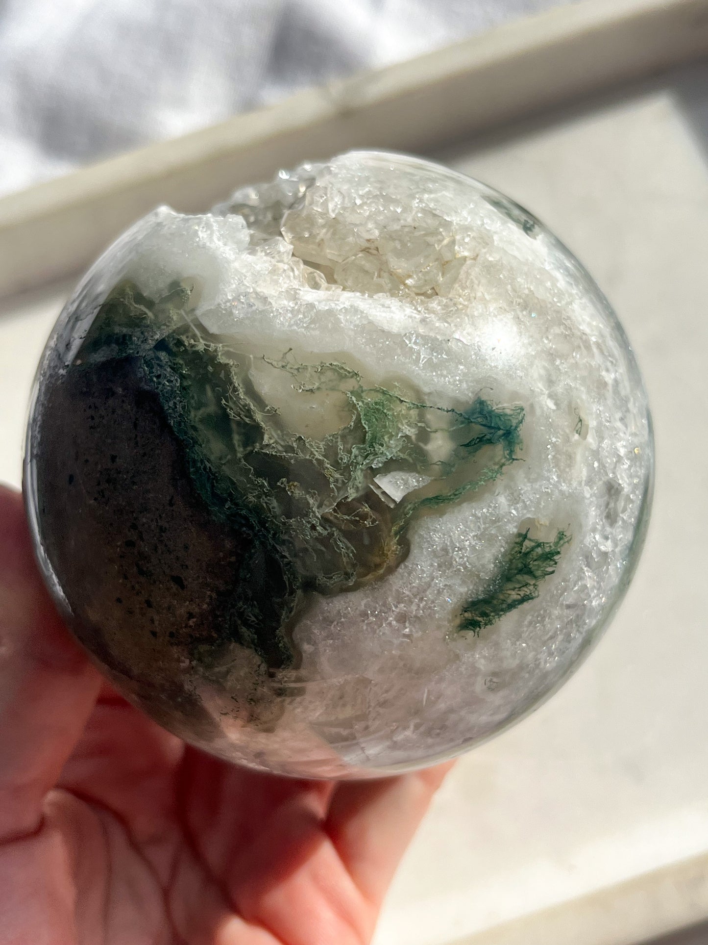 'Saturn' A Grade Moss Agate & Quartz Geode Sphere #7